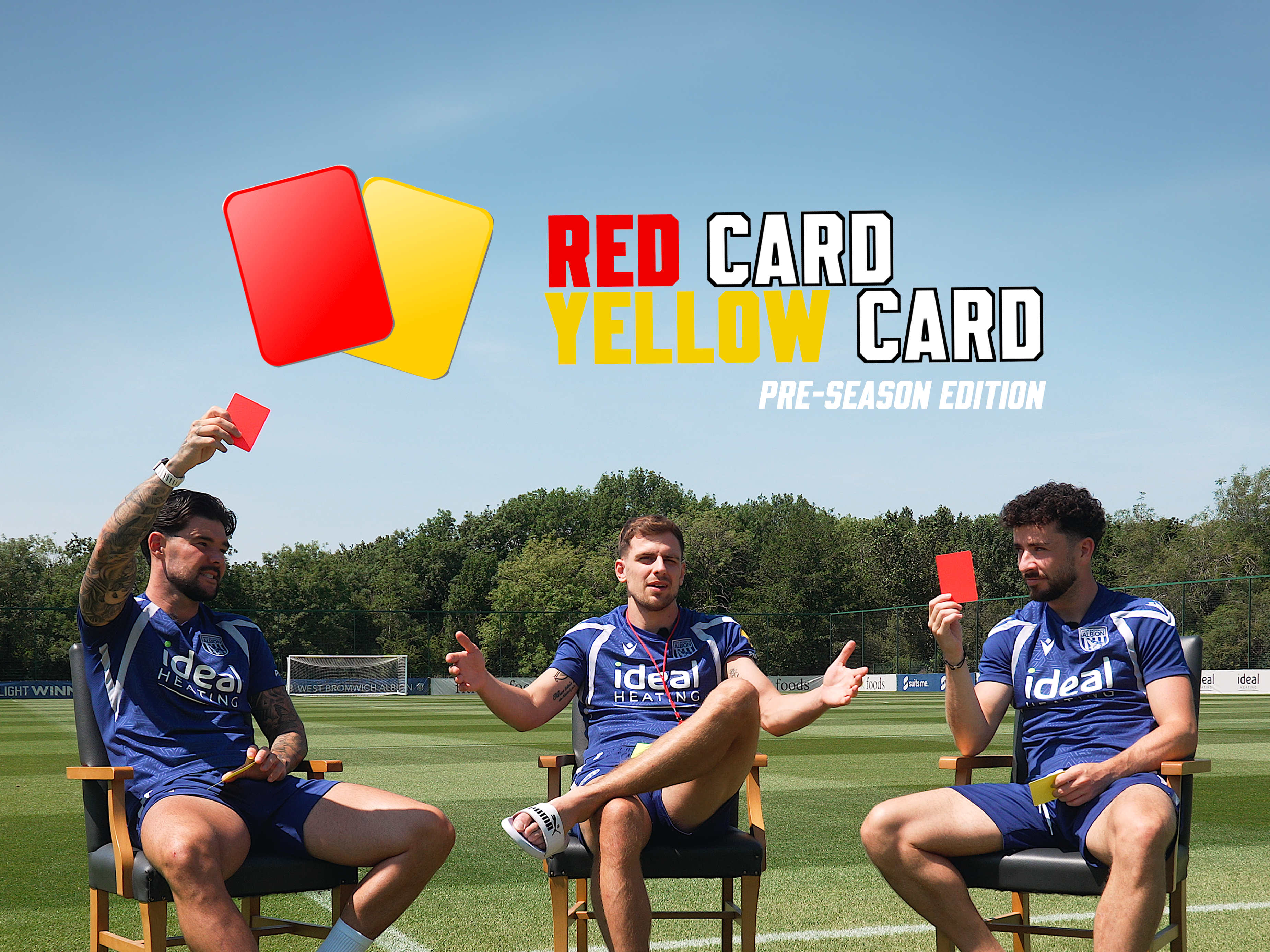 Yellow card red card pre-season edition graphic with an image of Jayson Molumby, Alex Mowatt and Mikey Johnston sat in chairs on a training pitch