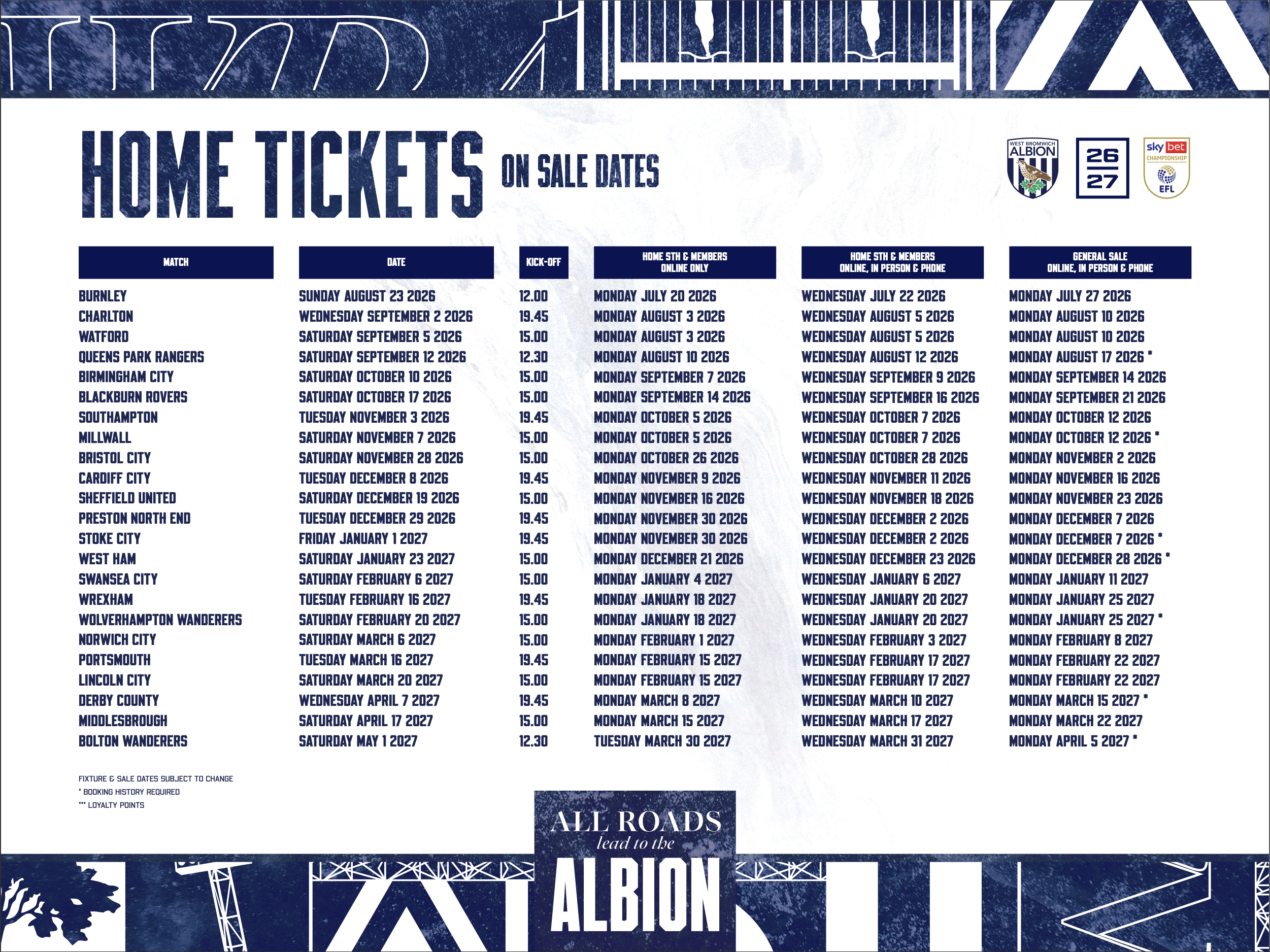A graphic displaying sales date for Albion's home 2026-27 fixtures