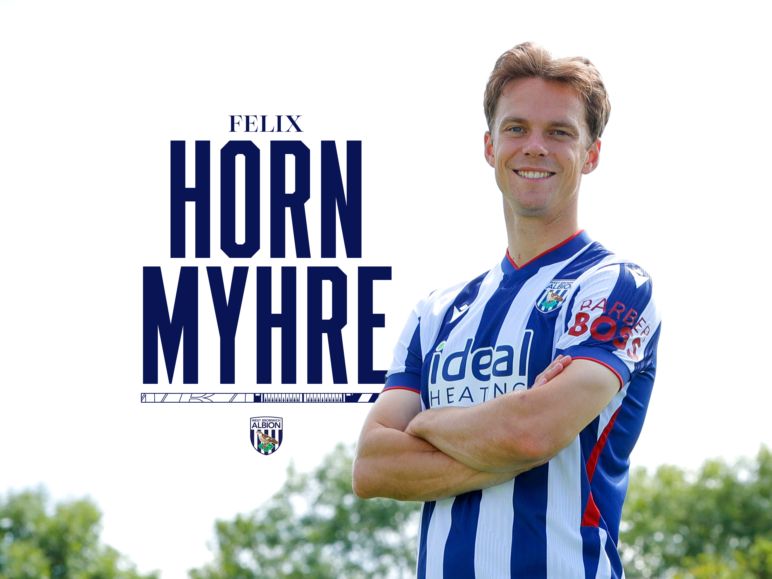 Felix Horn Myhre signing graphic with him stood in the home kit with his arms crossed