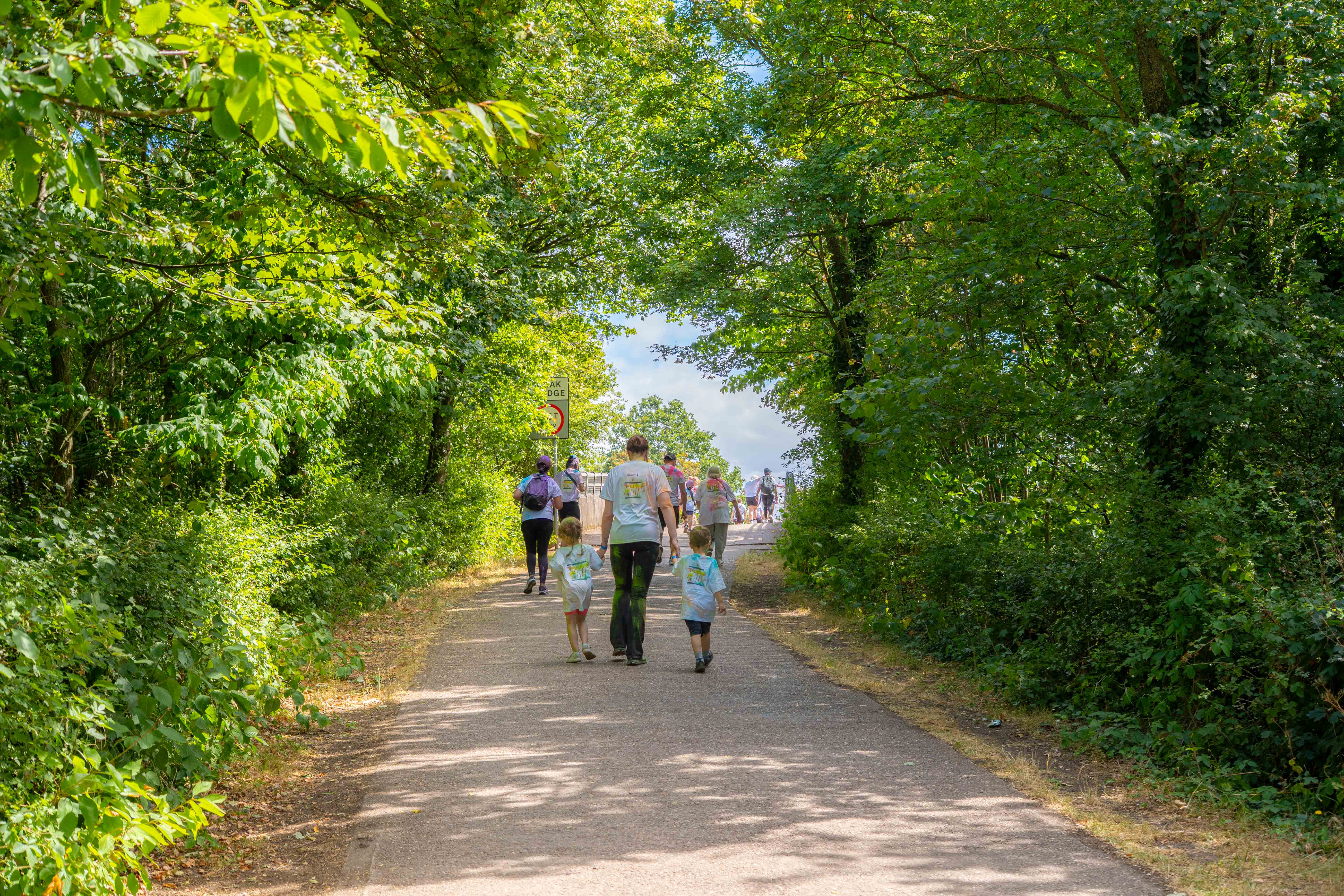 Participants walk and run along a tree-lined trail.