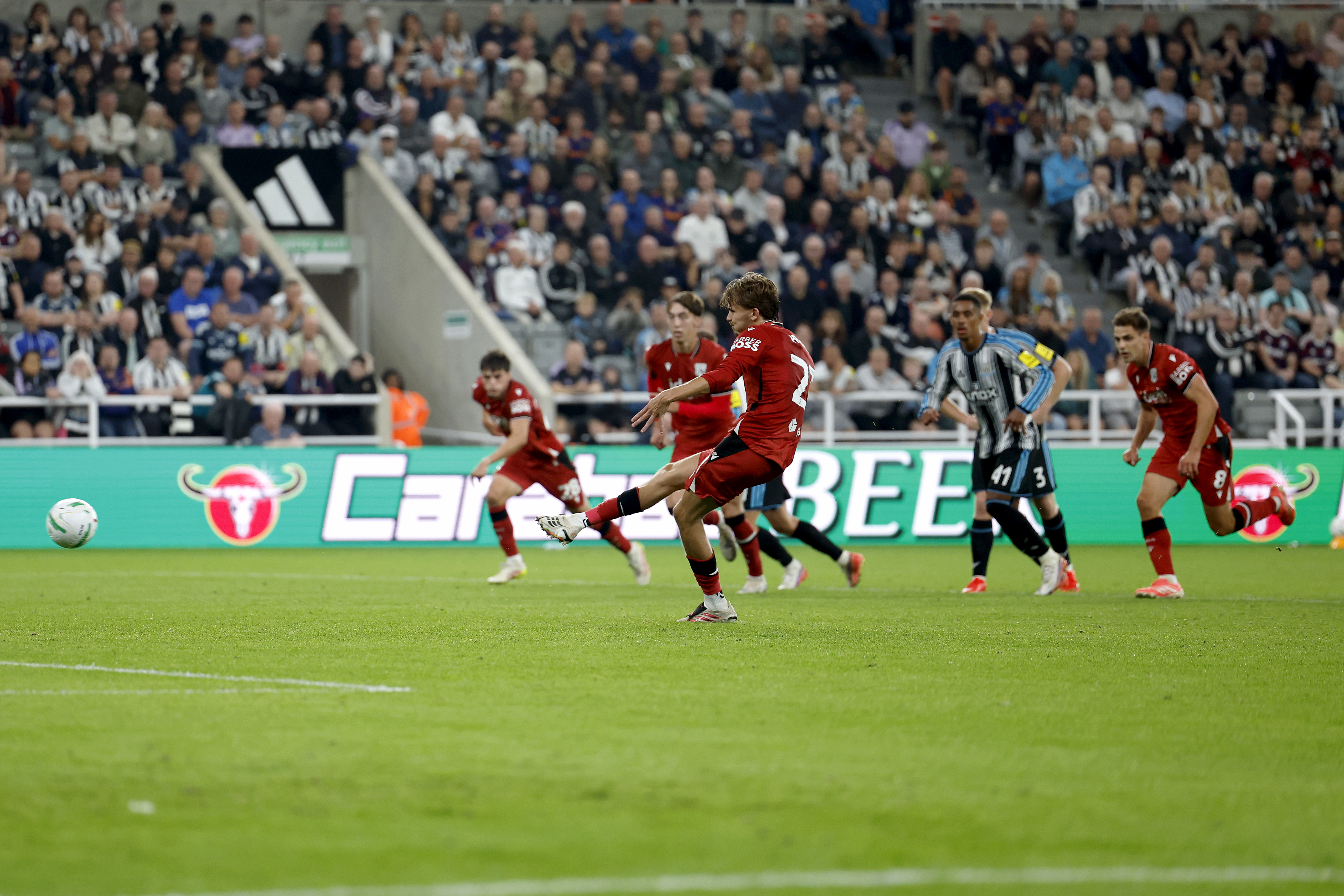 Isaac Price scores a penalty against Newcastle