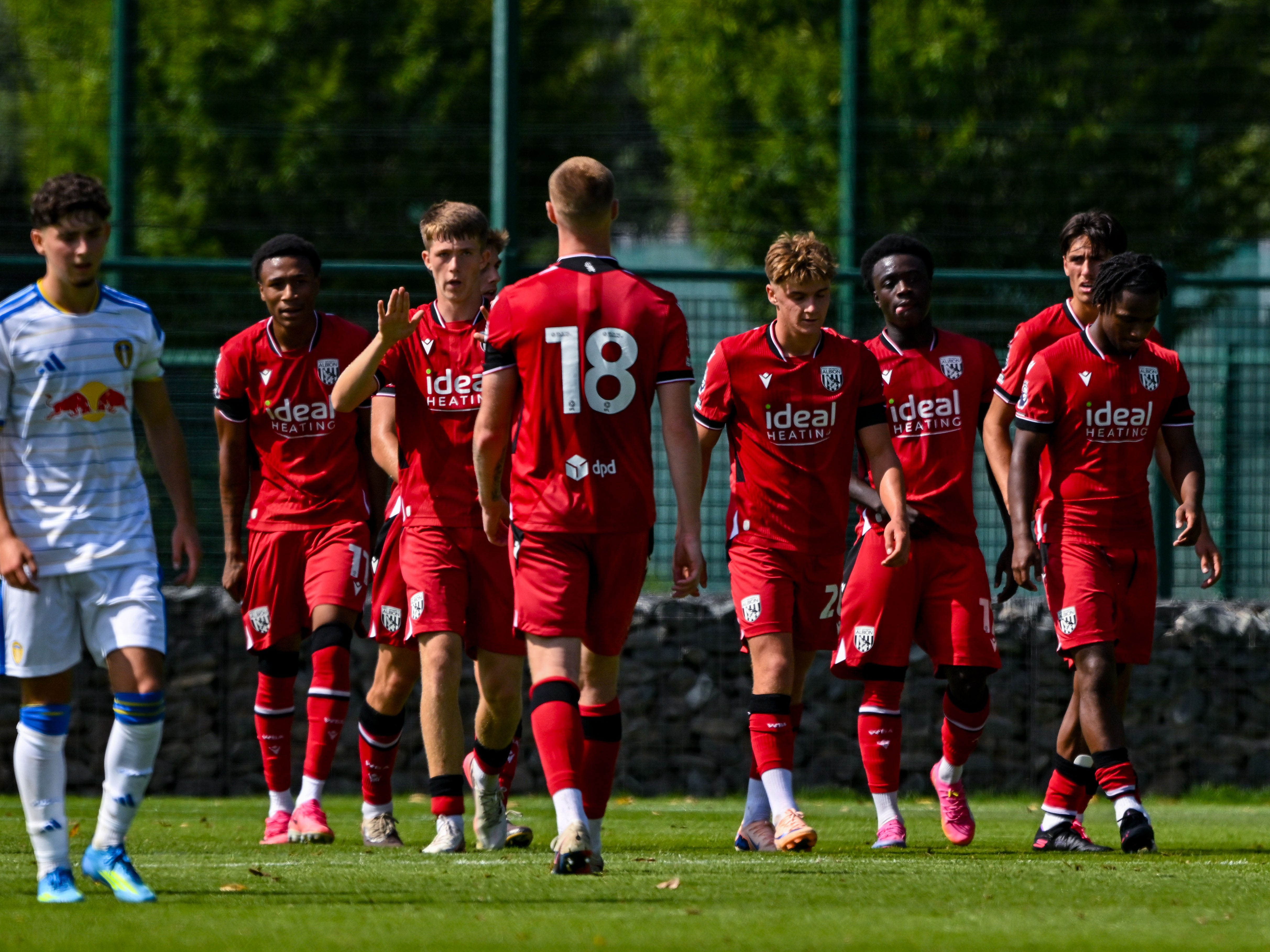 Albion celebrating their goal against Leeds United.