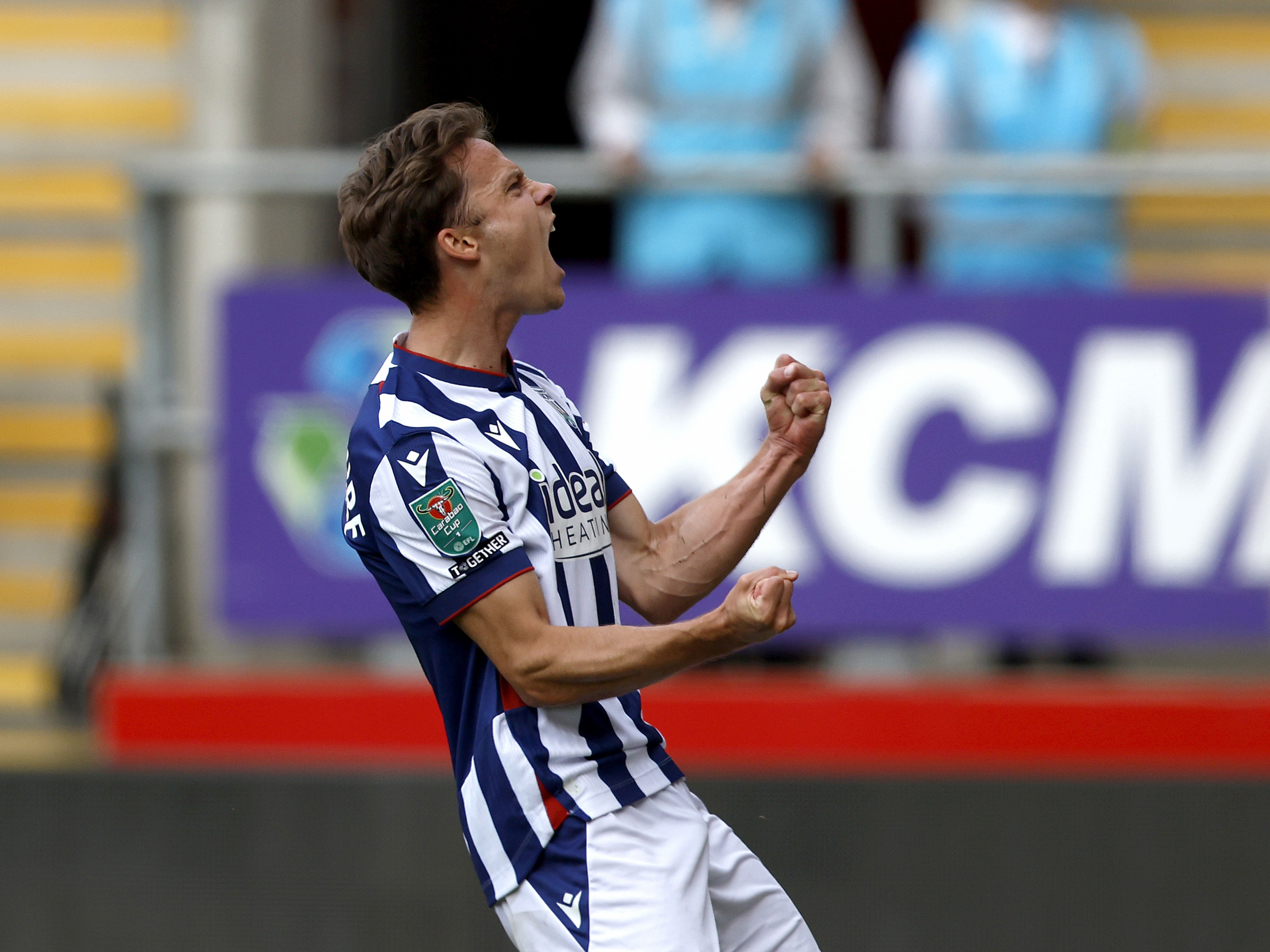 An image of Felix Horn Myhre celebrating a goal against Rotherham