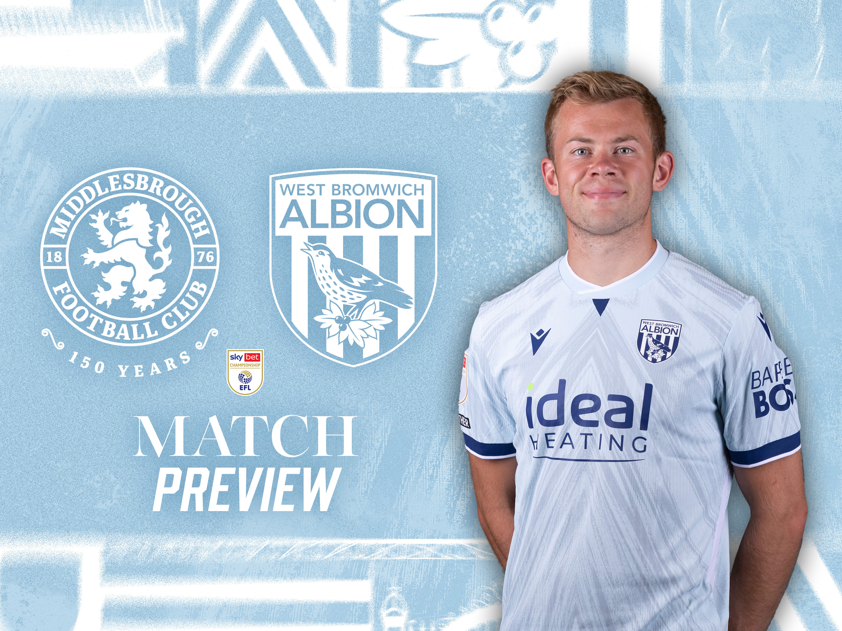 Third kit match preview with Middlesbrough & WBA badges with an image of Aune Heggebø in the third kit smiling at the camera 