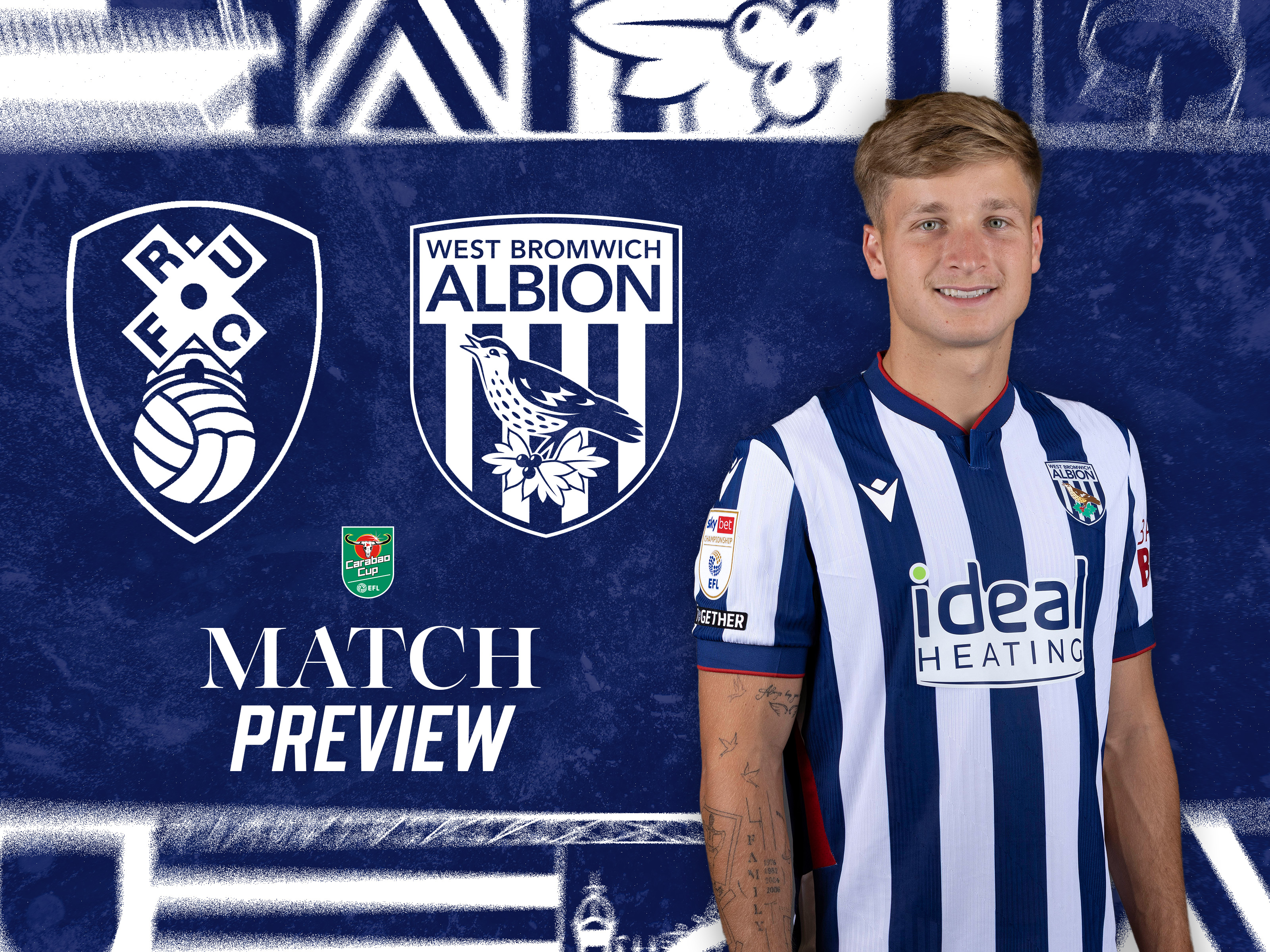 home match preview graphic with Rotherham United & WBA badges on, as well as an image of JJ Morgan smiling at the camera in the home kit 