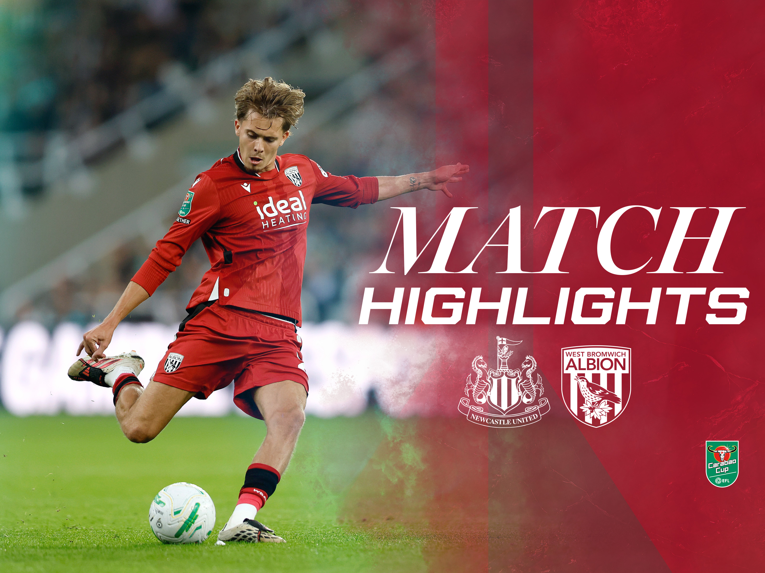 A match highlights graphic in the 2026/27 red away colours showing a photo of Isaac Price and the badges of Albion and Newcastle
