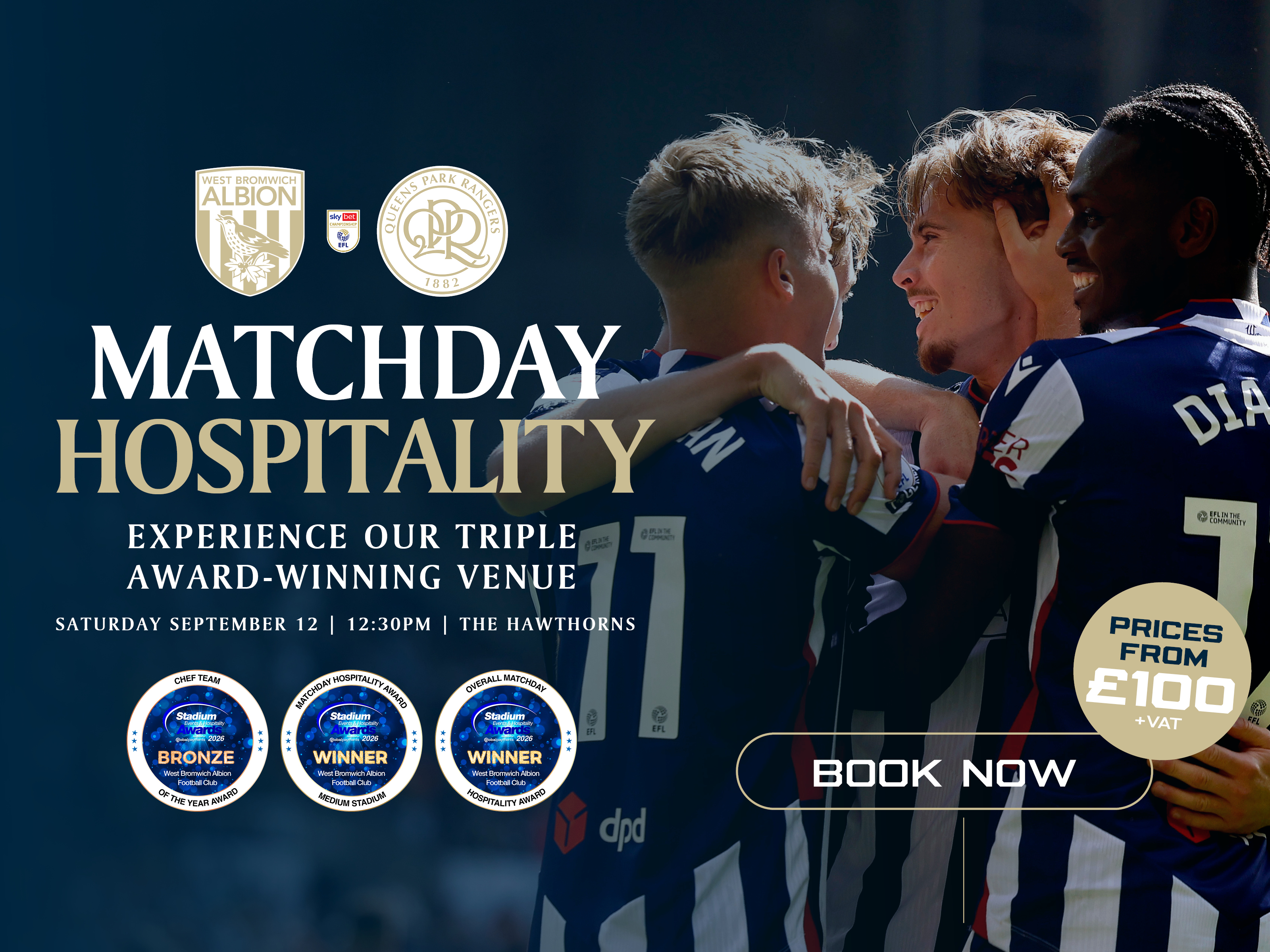 A graphic with details for hospitality options when Albion play QPR