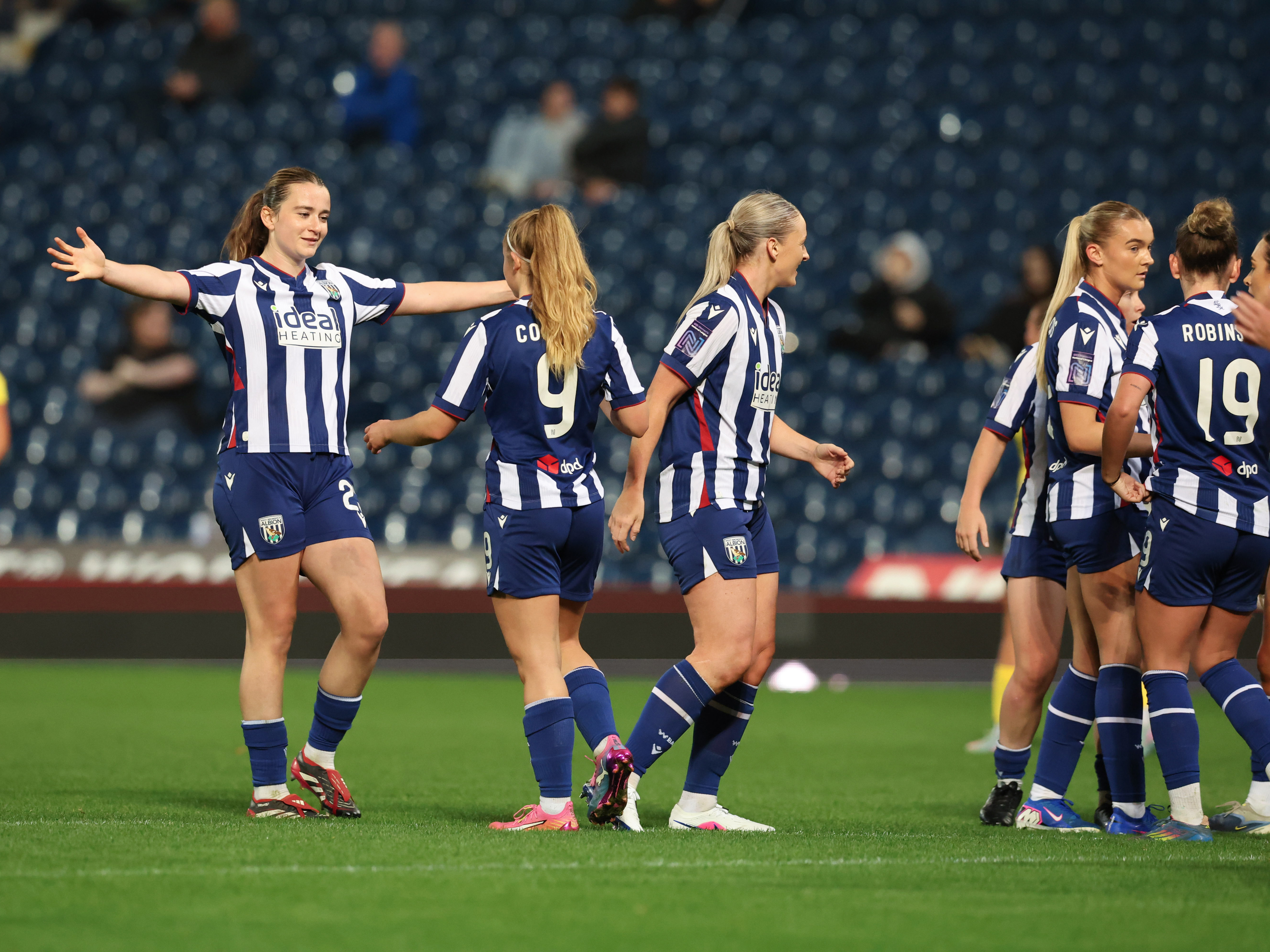 An image of Albion Women celebrating a goal against Birmingham PGA