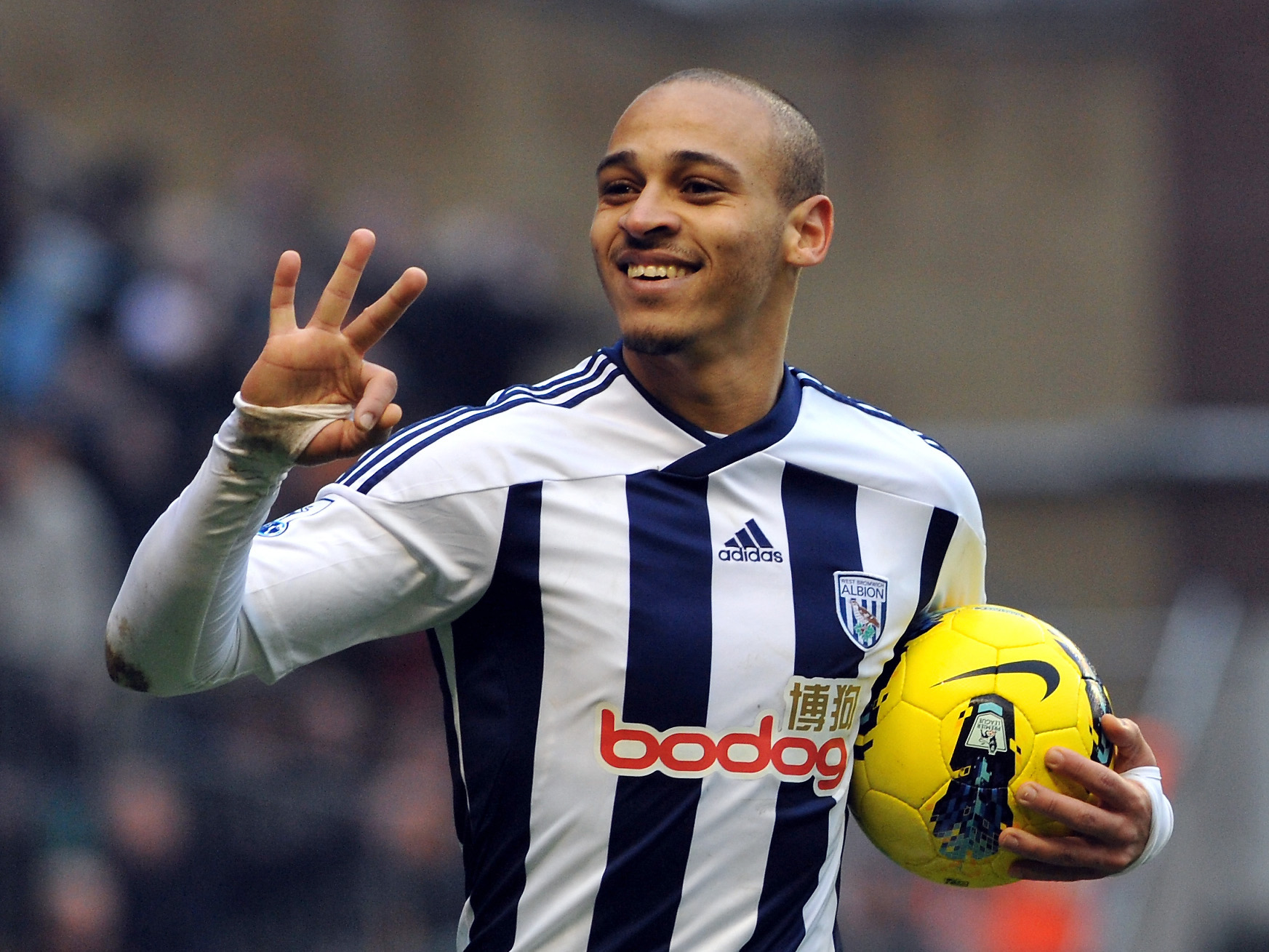 Peter Odemwingie celebrates his third goal against Wolves in 2012
