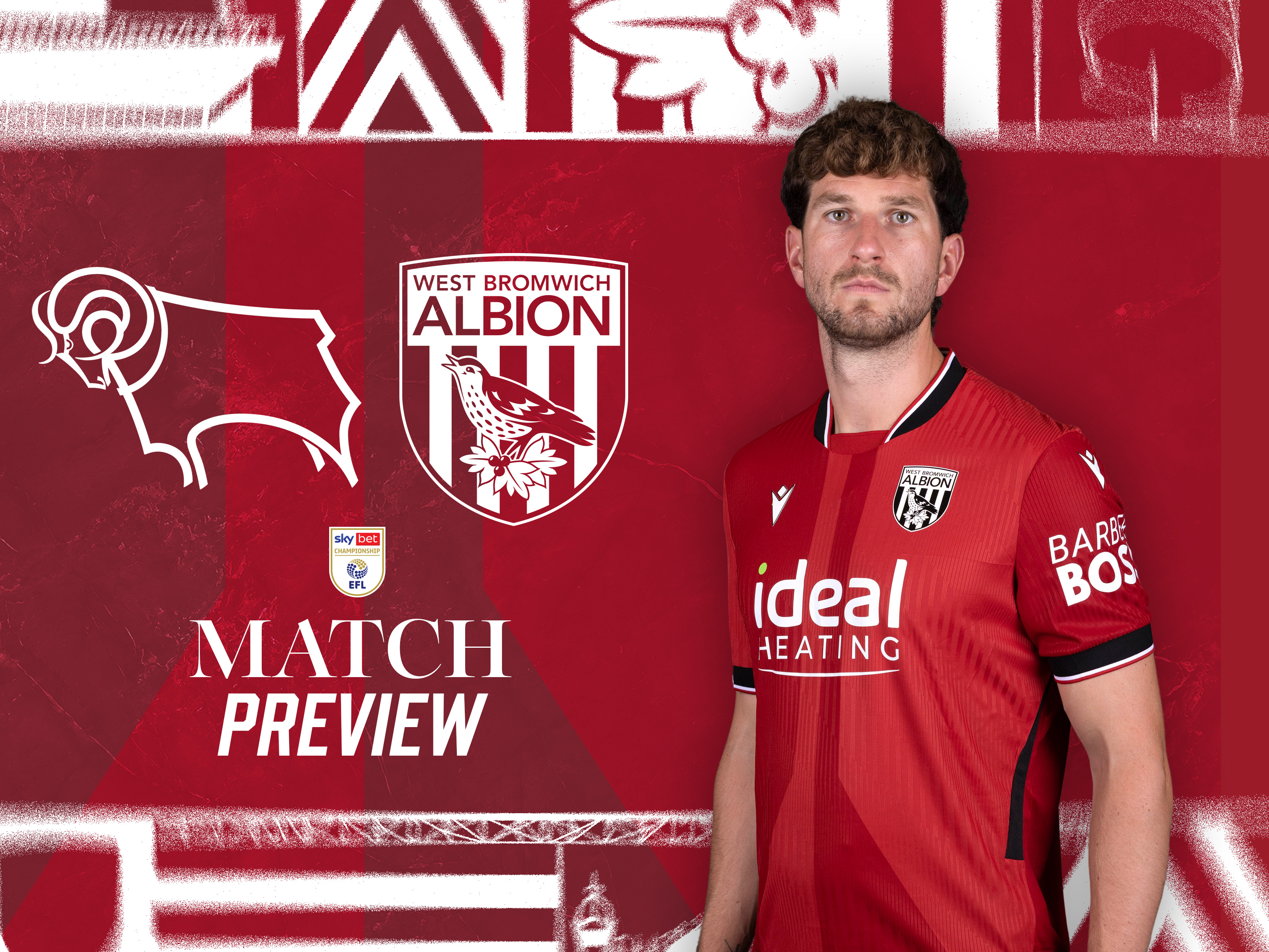 Away match preview for Derby County trip with both club badges and an image of Chris Mepham looking at the camera in the red shirt 