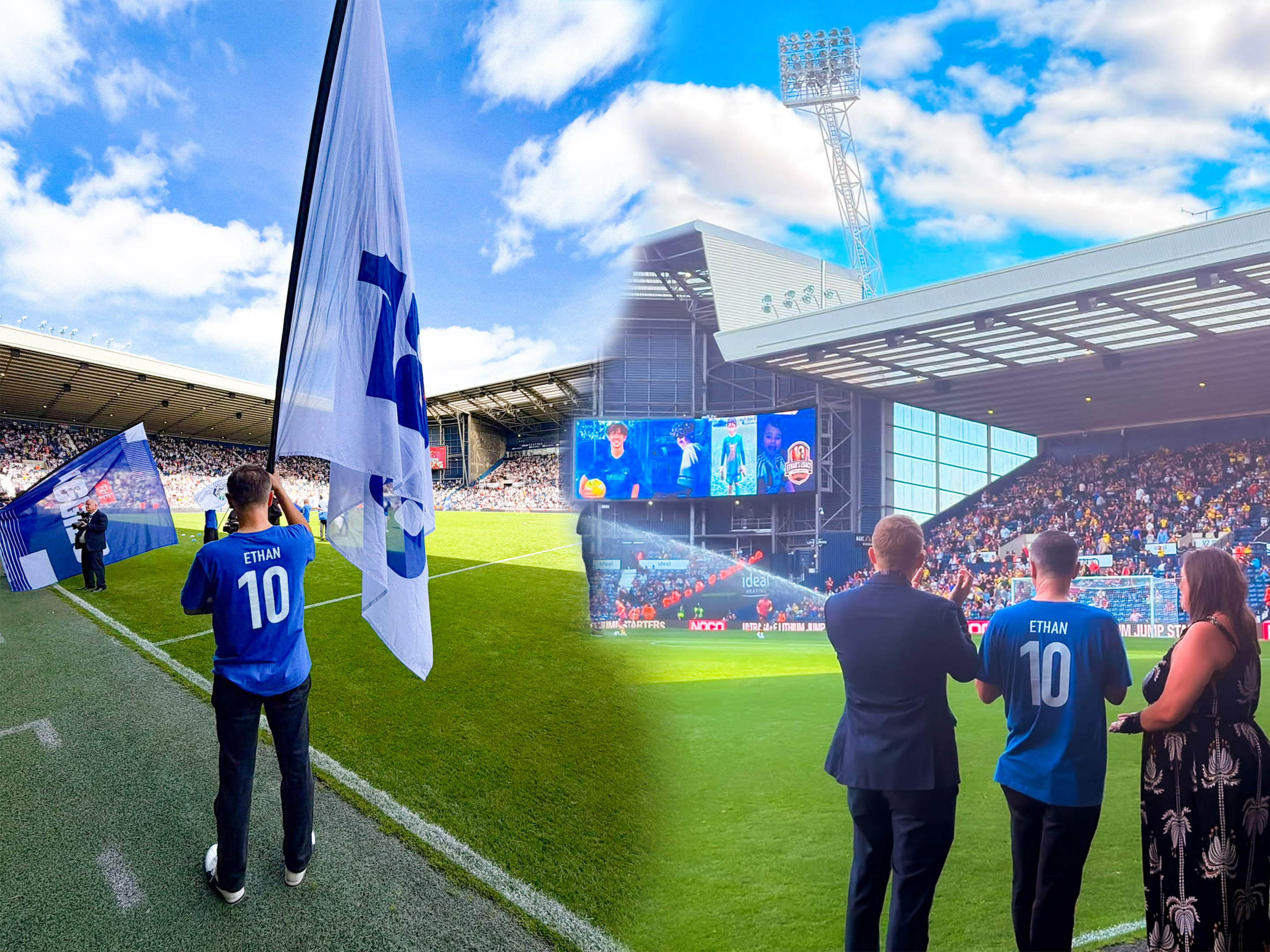 Collage of Two photos taken at The Hawthorns with a flag bearer in a Forever Ethan 10 t-shirt and his parents looking onto the pitch.