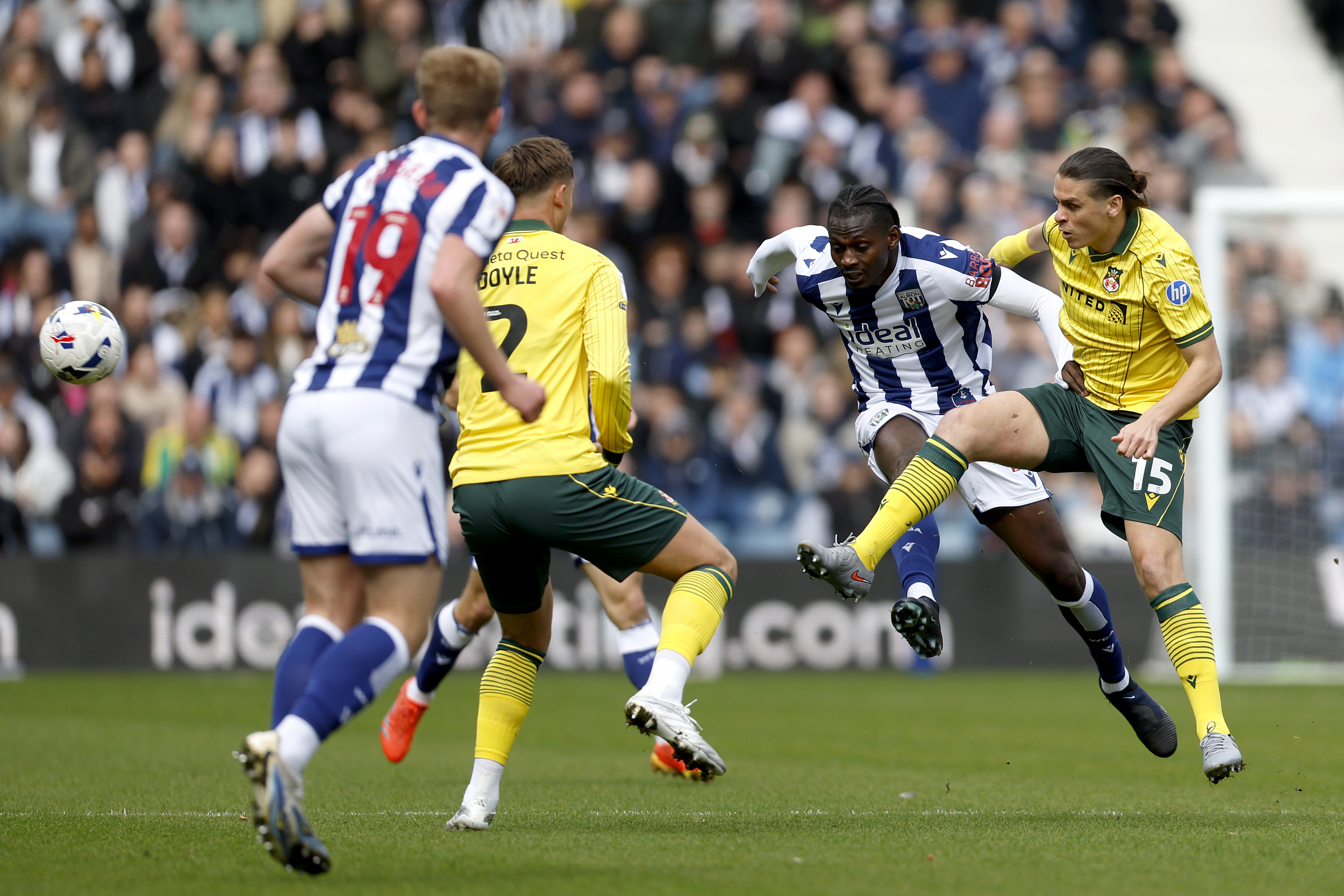 Ousmane Diakité fighting for the ball against Wrexham at The Hawthorns in April 2026