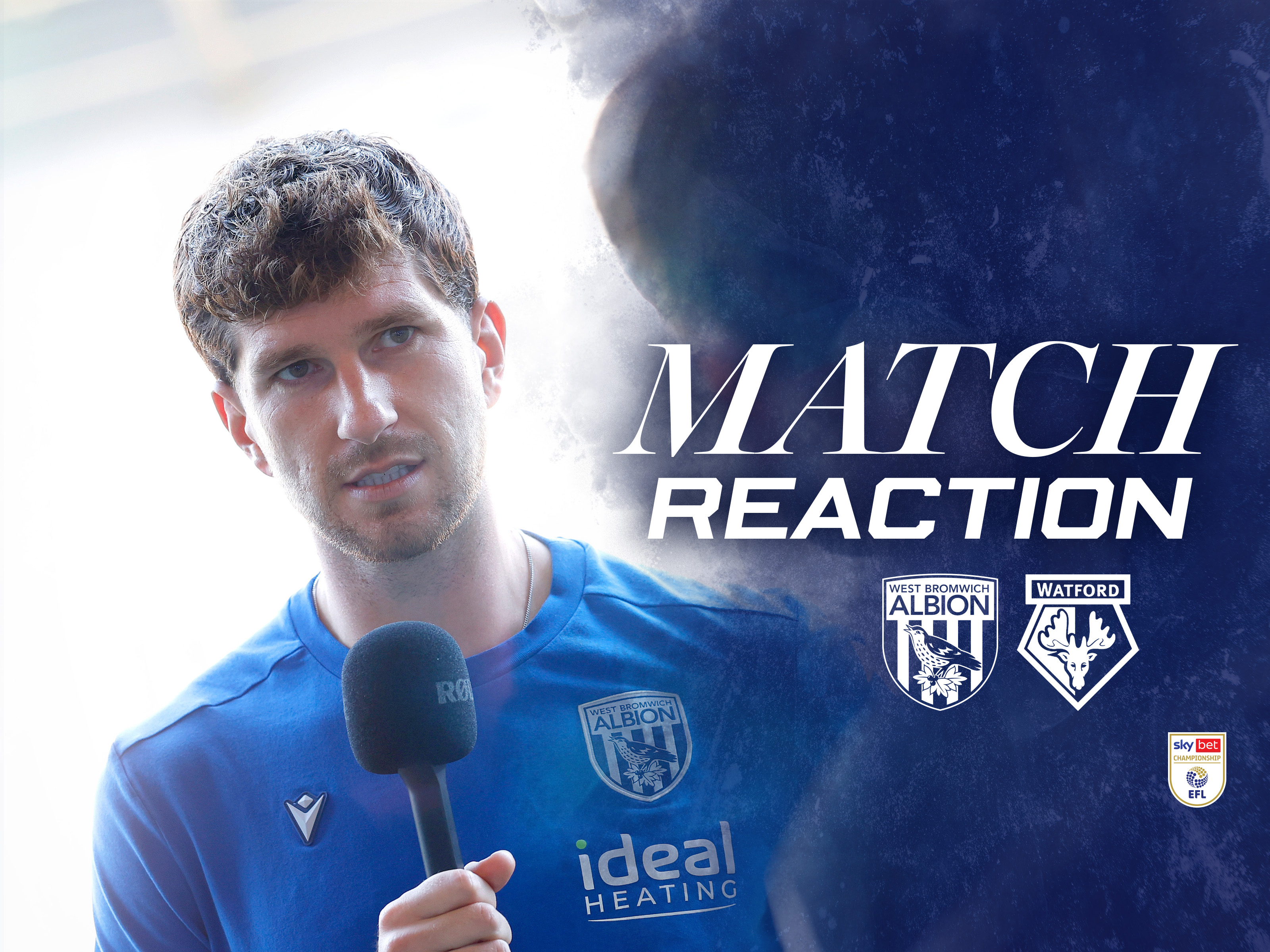 A match reaction graphic for Chris Mepham's WBA TV interview after a win against Watford