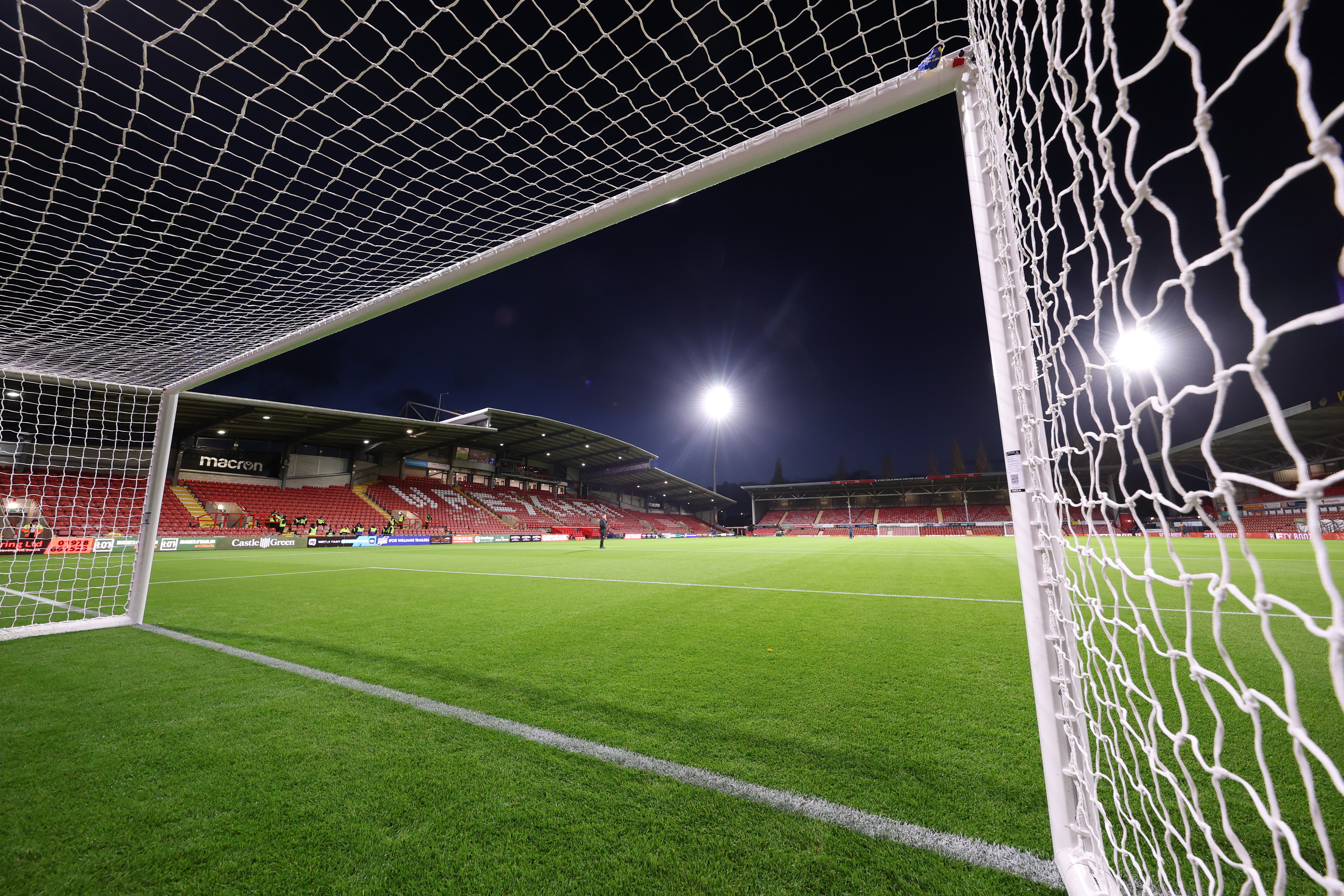 A general view of Wrexham's Racecourse Ground at night 