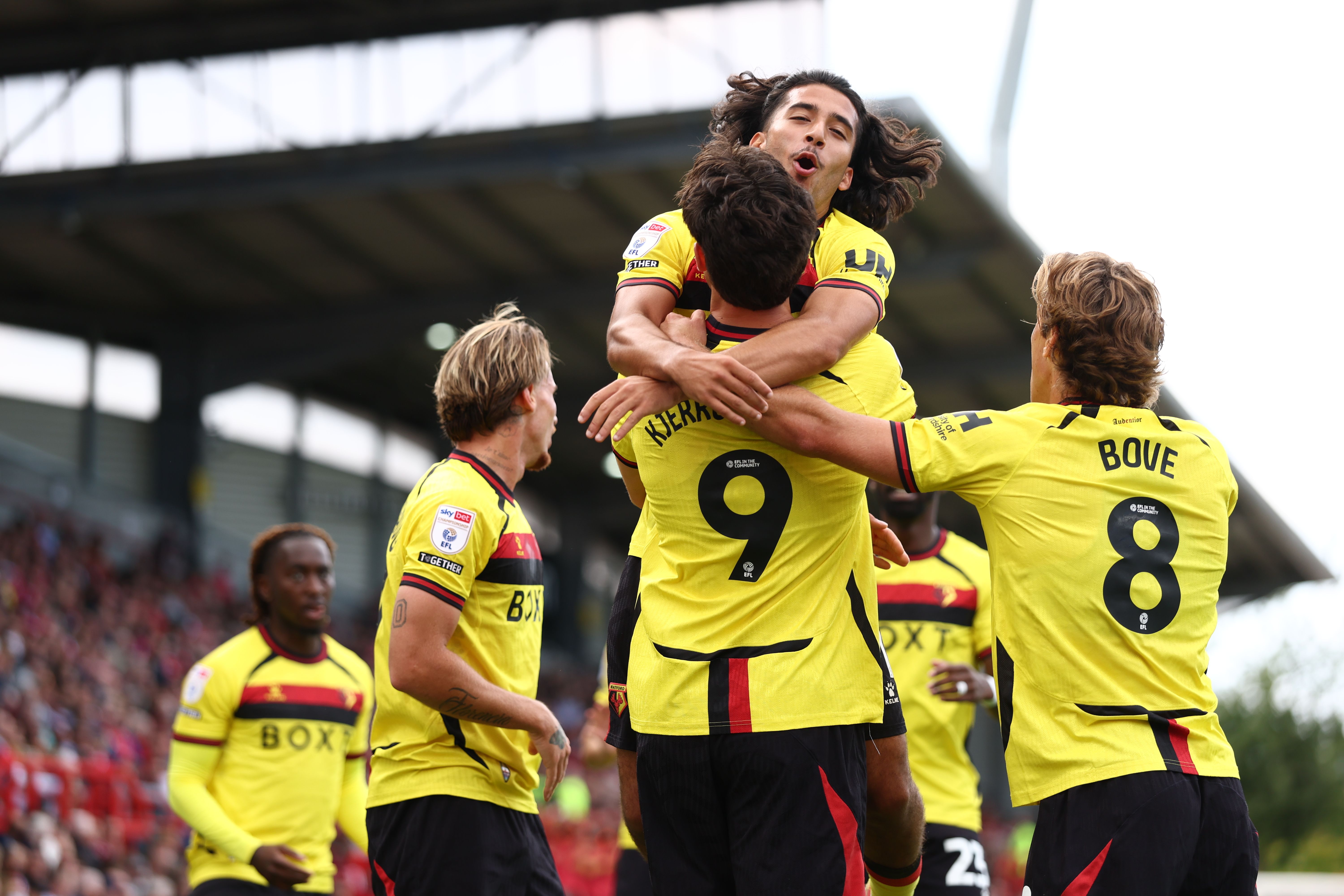 Amin Nabizada of Watford celebrates with Luca Kjerrumgaard of Watford scores a goal and celebrates