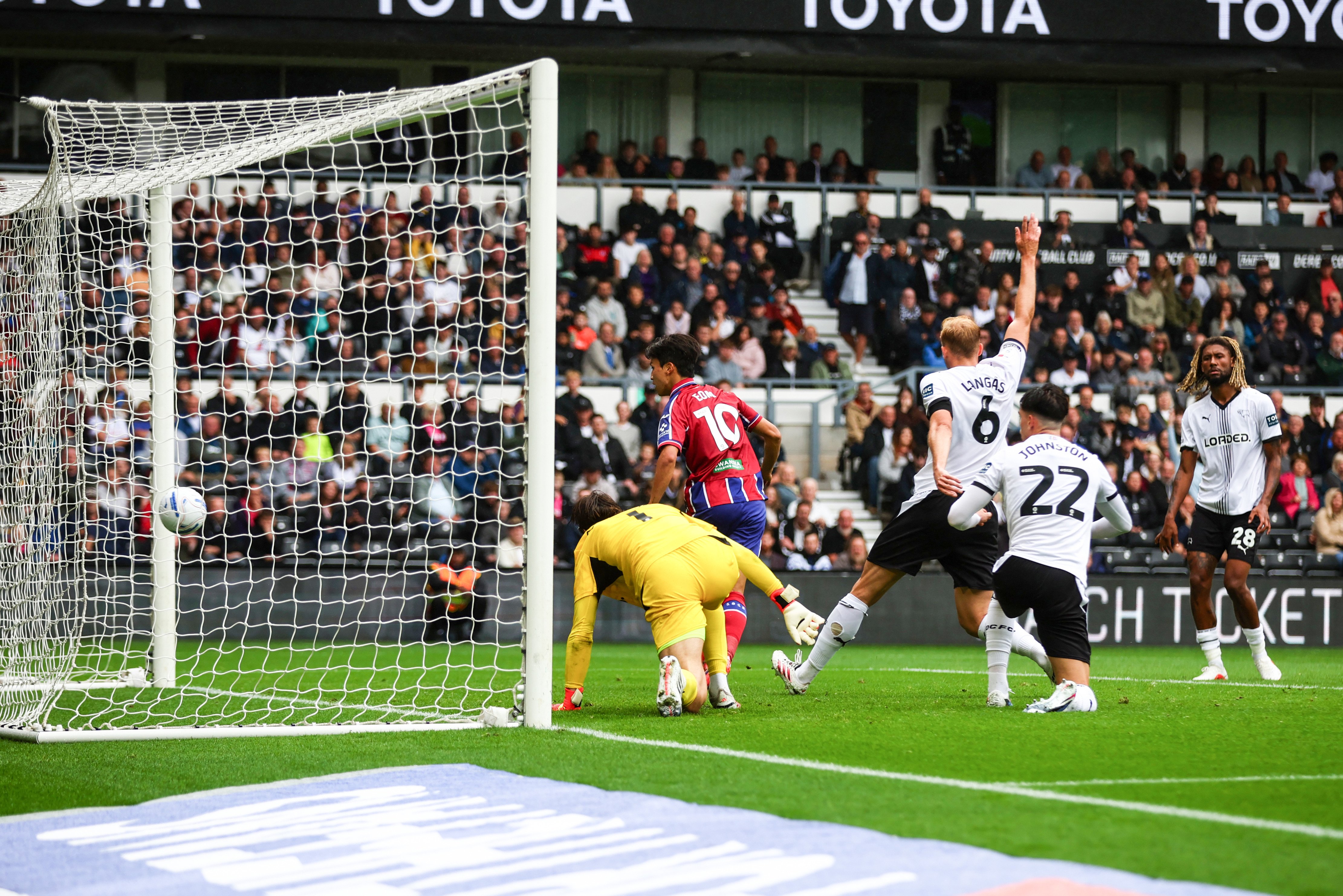 A general view of a Swansea City goal against Derby at Pride Park