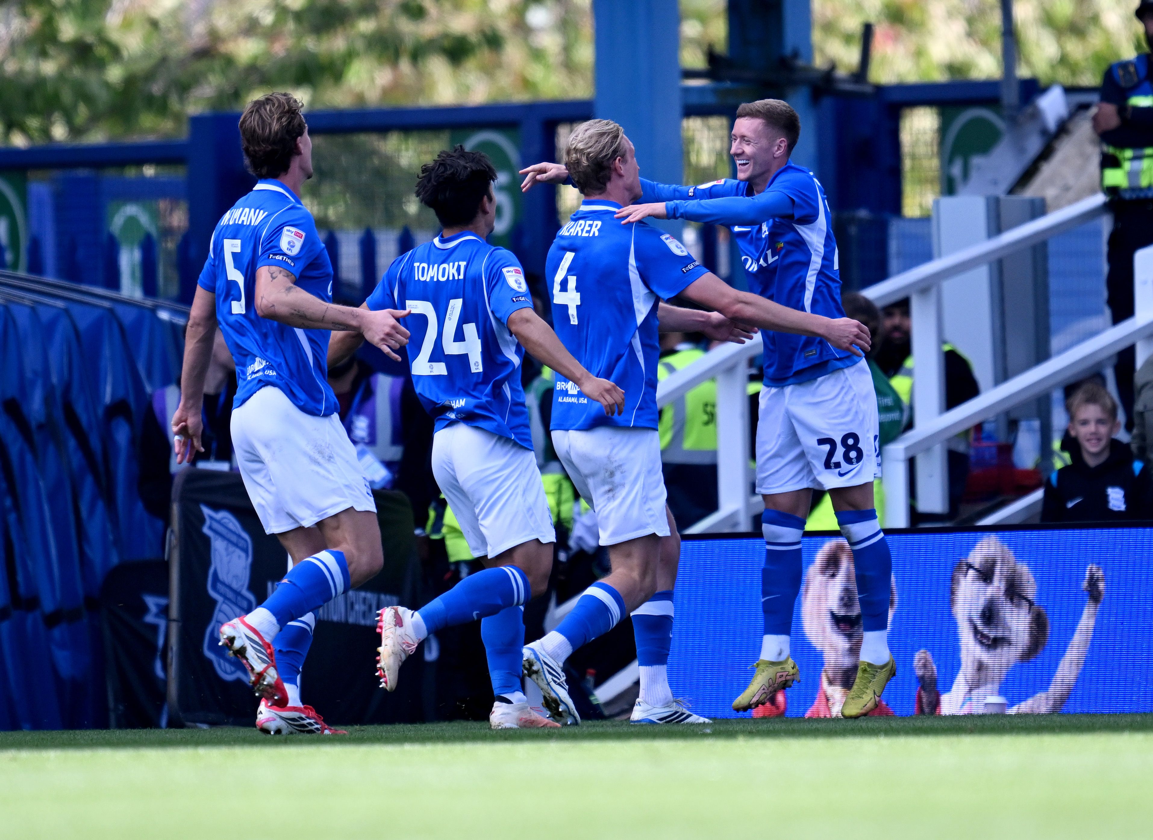 Birmingham players celebrate a goal in their home kit against Middlesbrough
