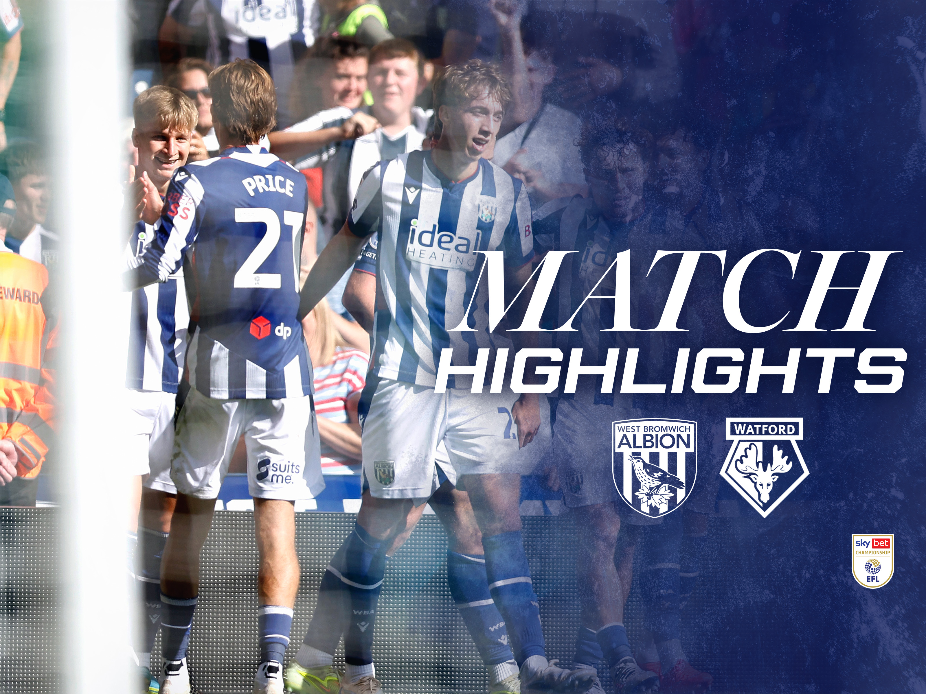 Match highlights graphic with WBA and Watford badges and an image of JJ Morgan celebrating his goal with team-mates
