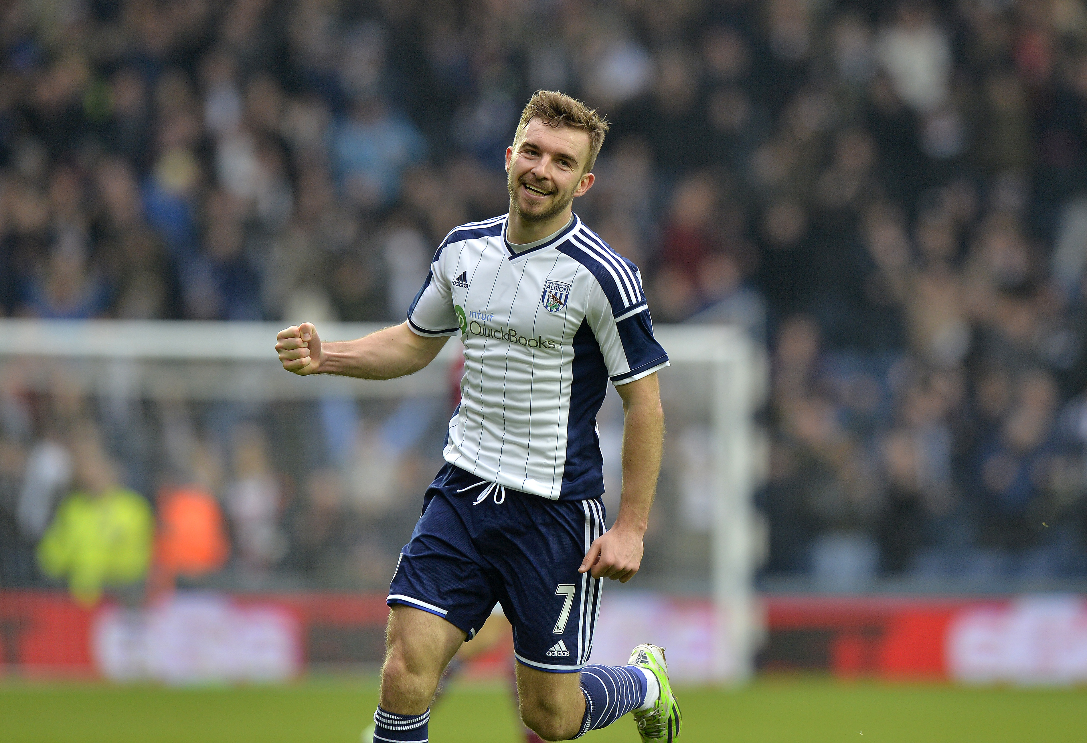 James Morrison celebrates scoring in the FA Cup against West Ham at The Hawthorns in 2015