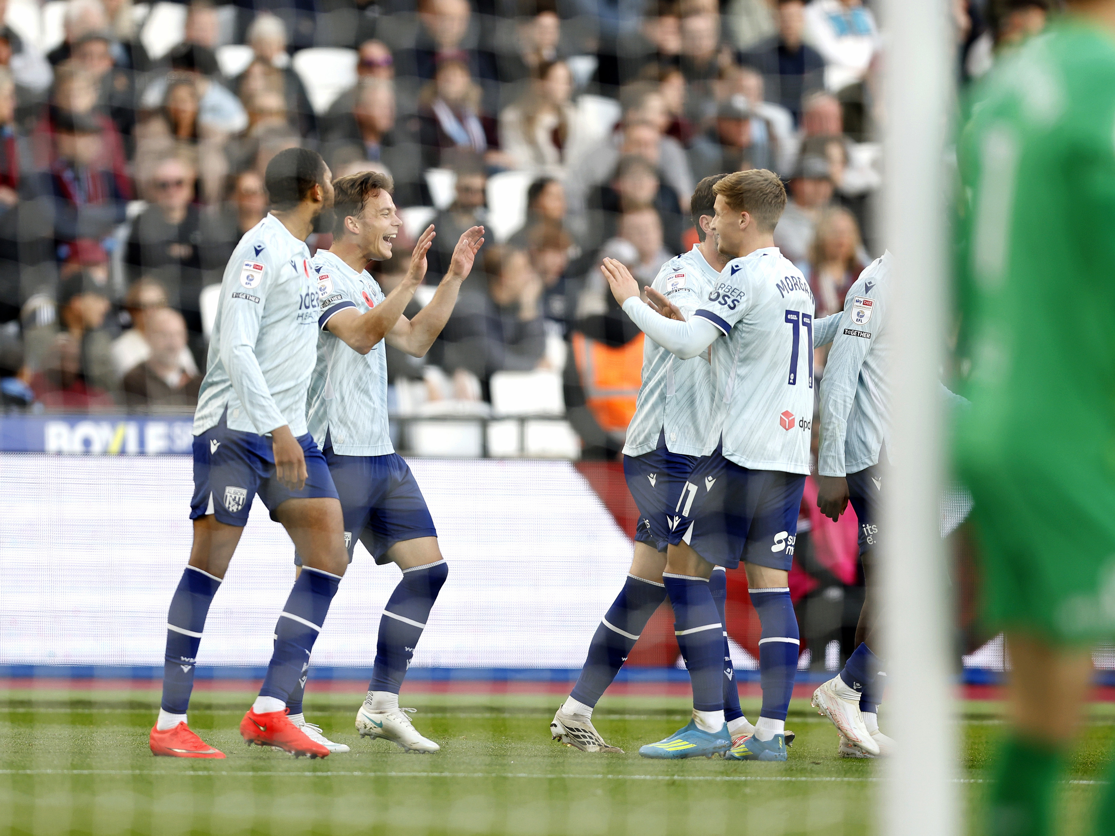 An image of Felix Horn Myhre and JJ Morgan celebrating scoring a goal against West Ham