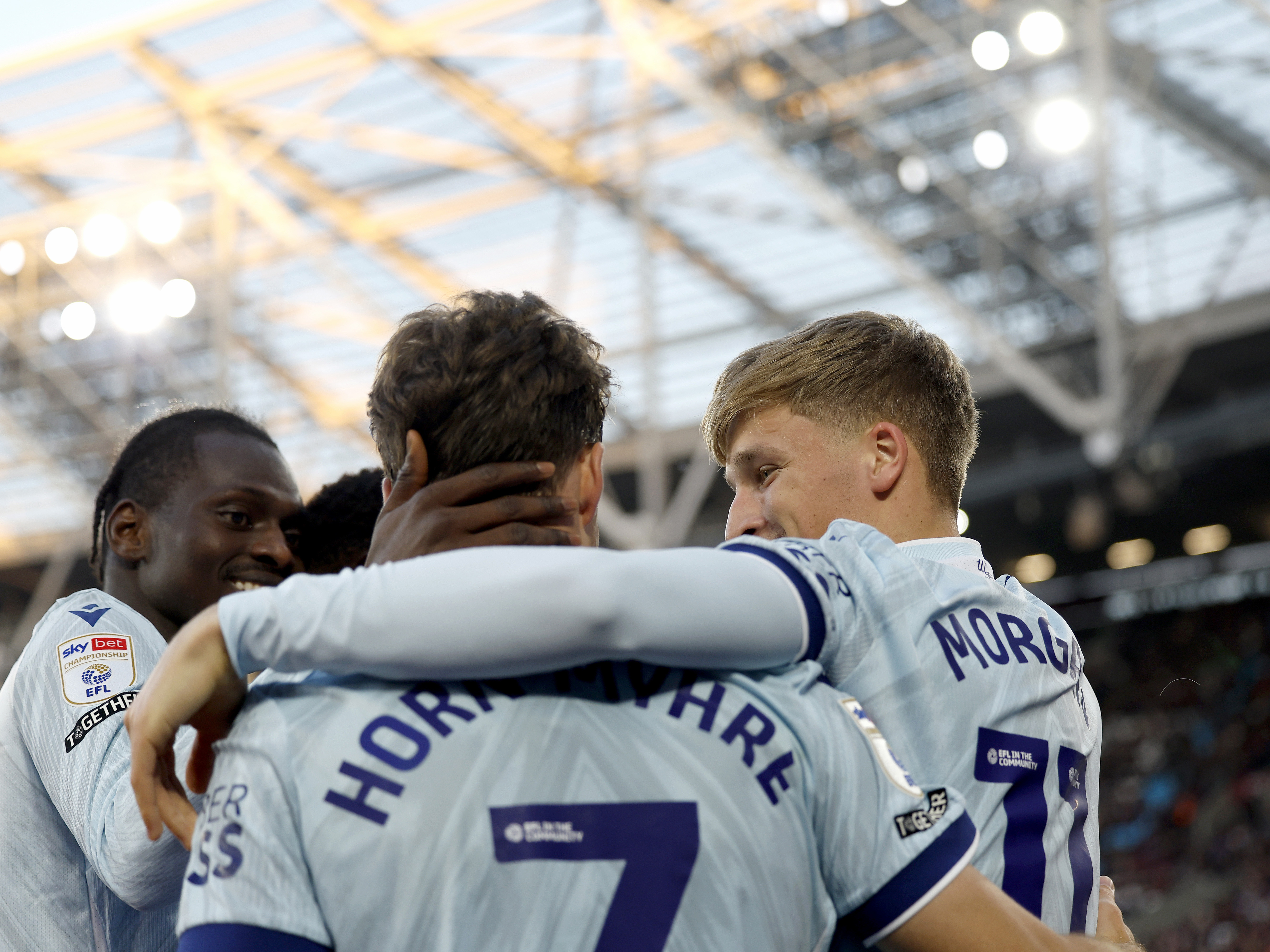 An image of Felix Horn Myhre and JJ Morgan celebrating scoring a goal against West Ham