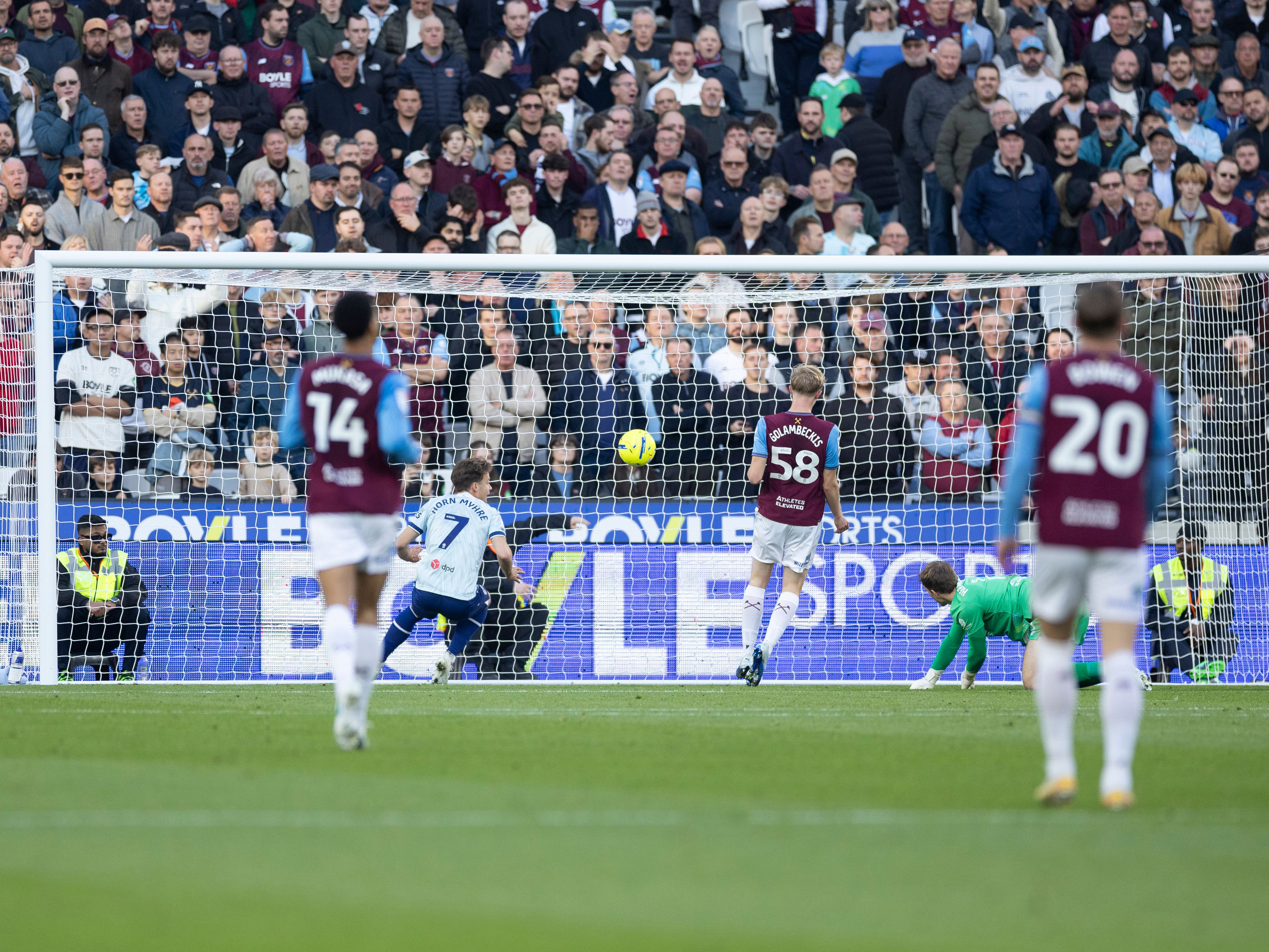 An image of Felix Horn Myhre scoring a goal against West Ham