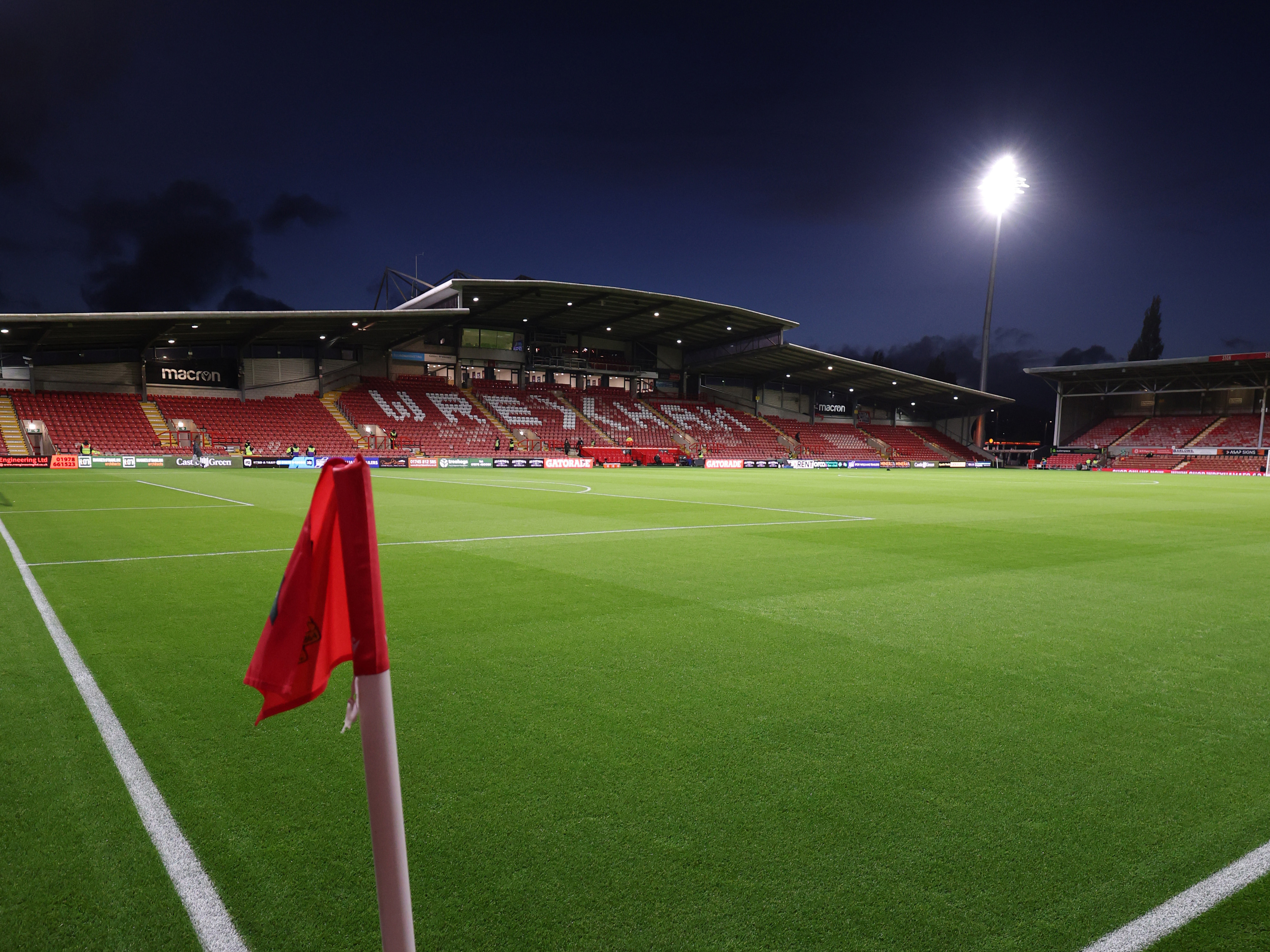 A general view at night time of Wrexham's Racecourse Ground
