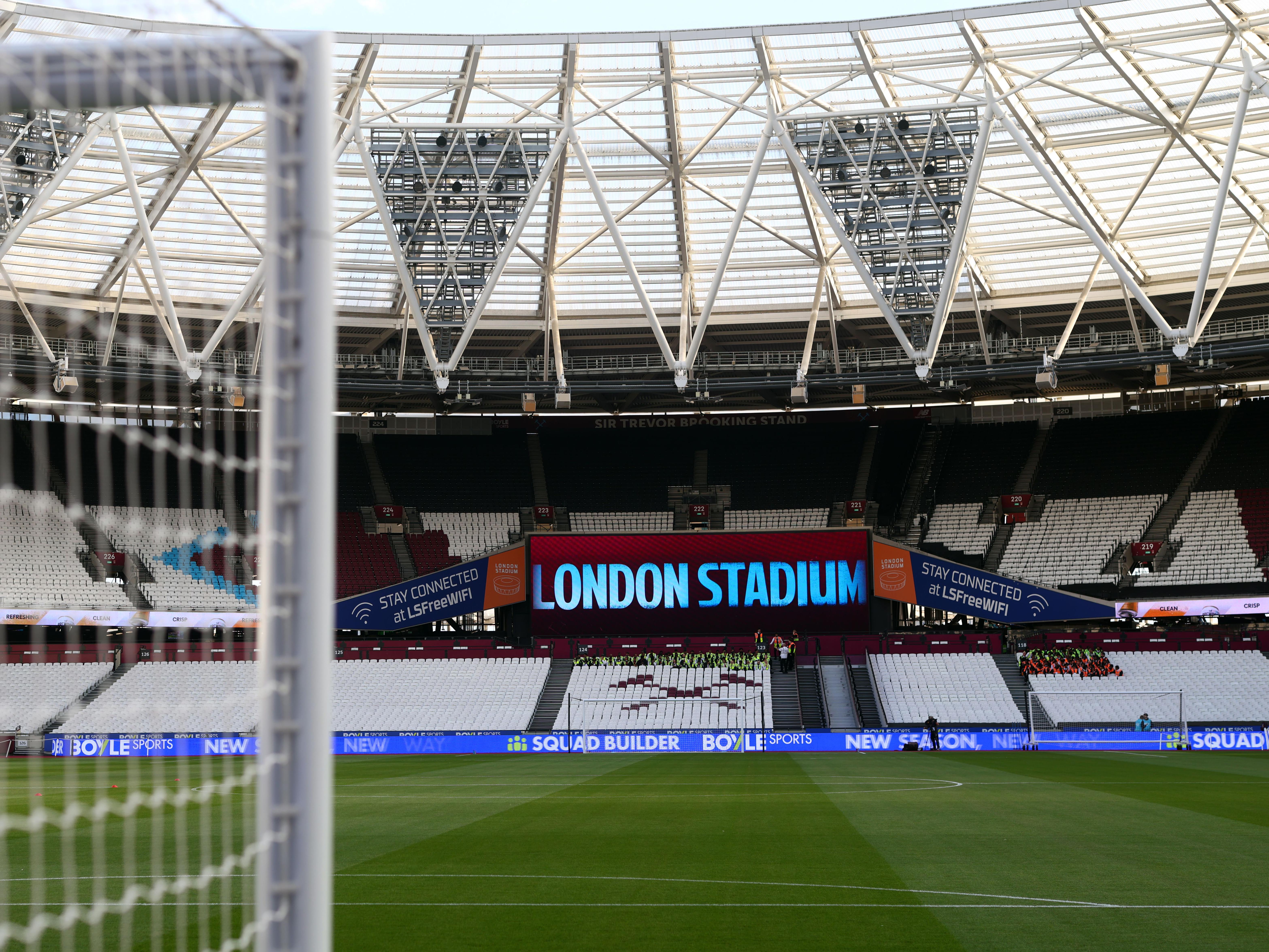 A general view of West Ham's London Stadium from behind one of the goals