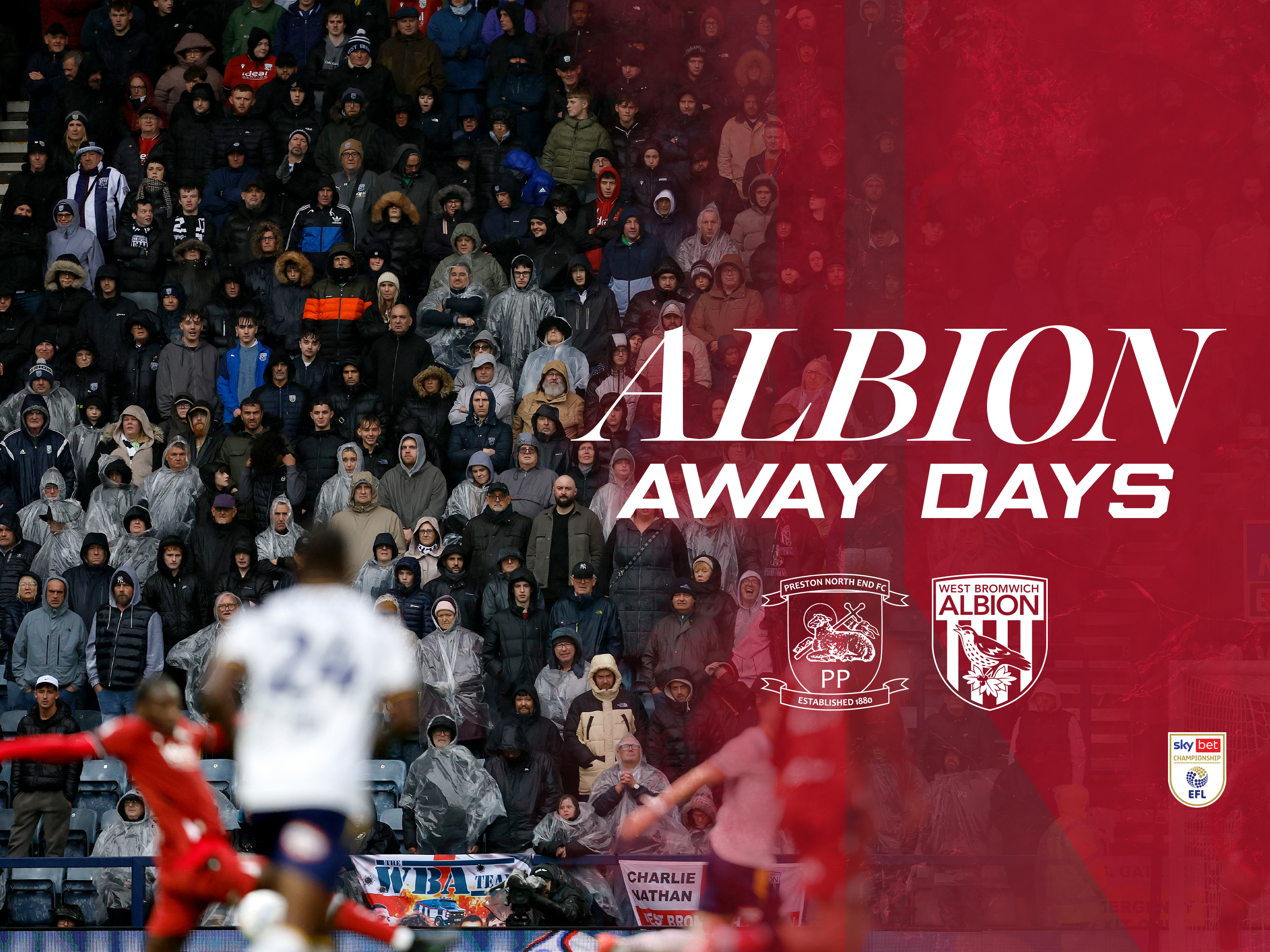 Away days graphic with an image of WBA fans at Preston and both club badges on