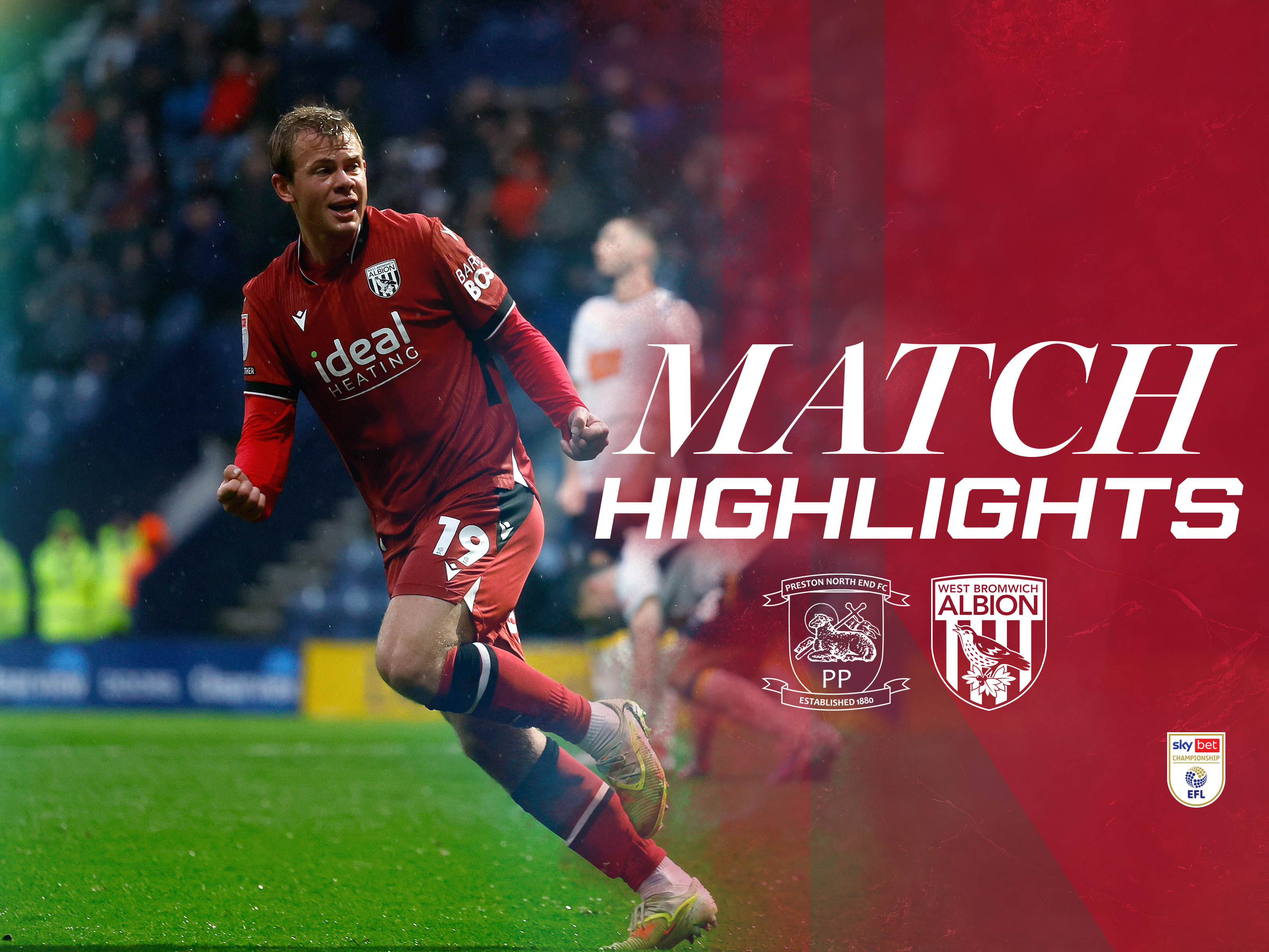 A match highlights graphic in the red 2026/27 away colours showing the badges of Preston, Albion and a photo of Aune Heggebø