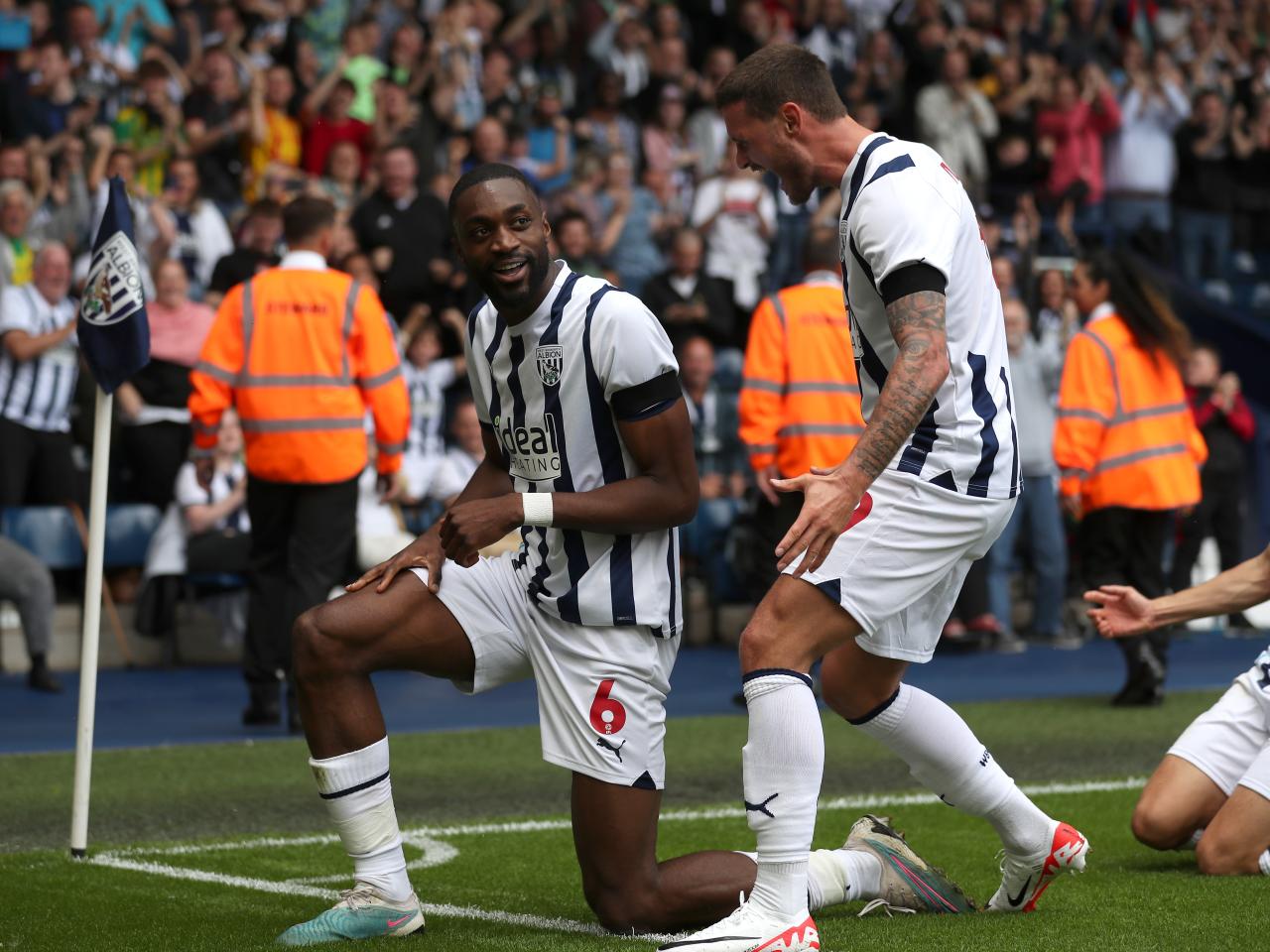 Semi Ajayi celebrates scoring against Swansea with Matt Phillips