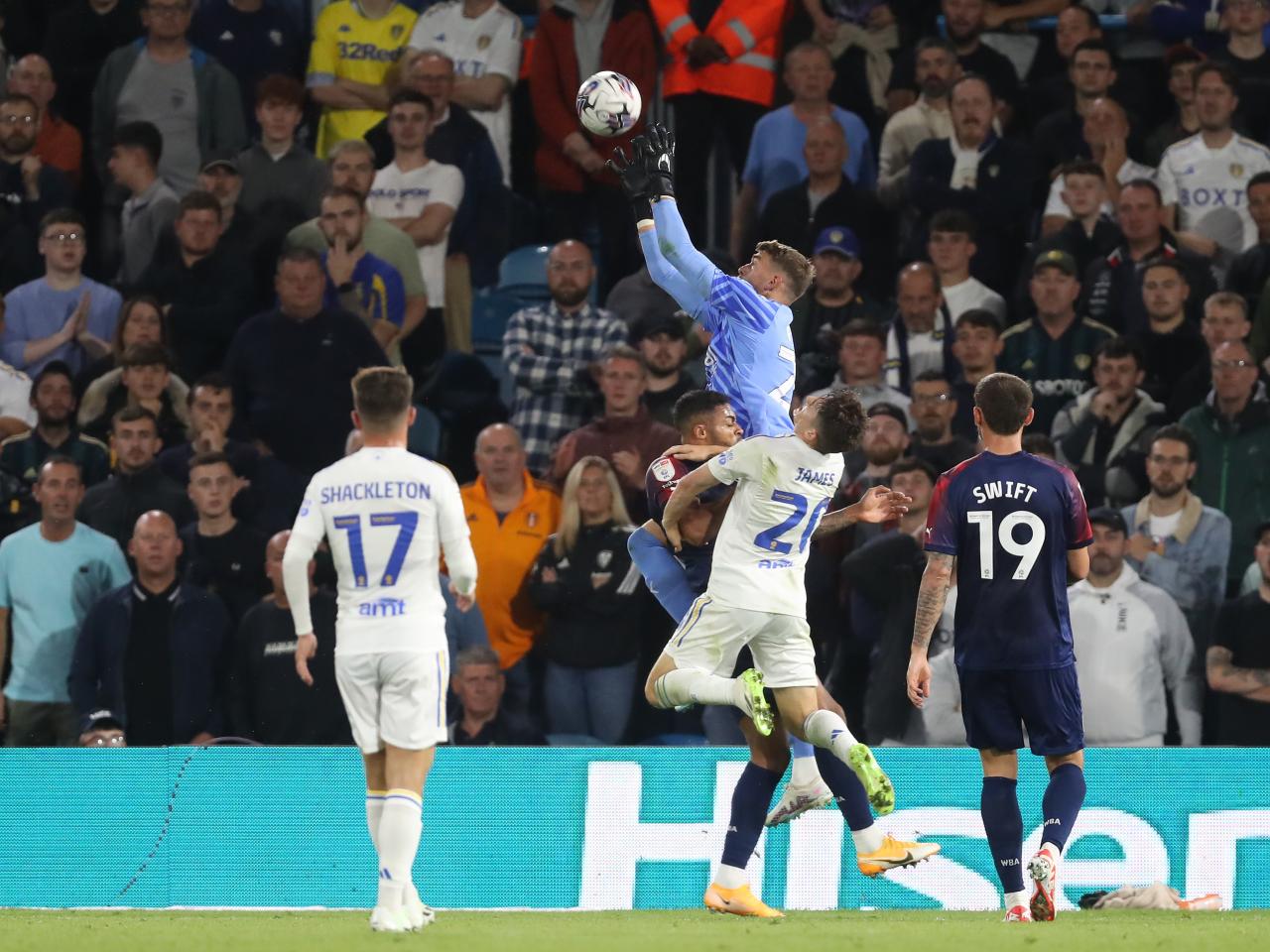 Alex Palmer catches the ball in mid-air against Leeds