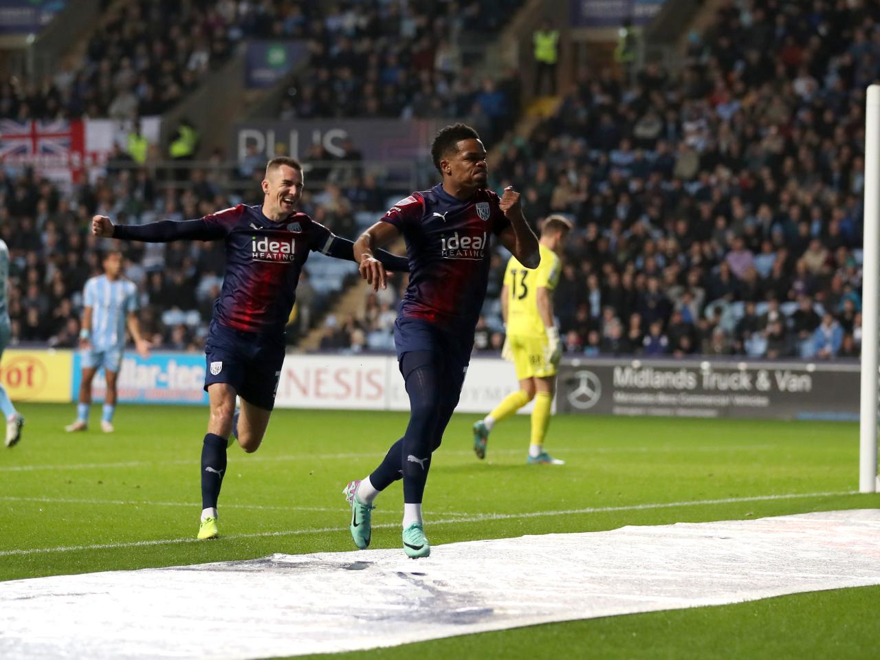 Grady Diangana celebrates scoring against Coventry with Jed Wallace in the background 