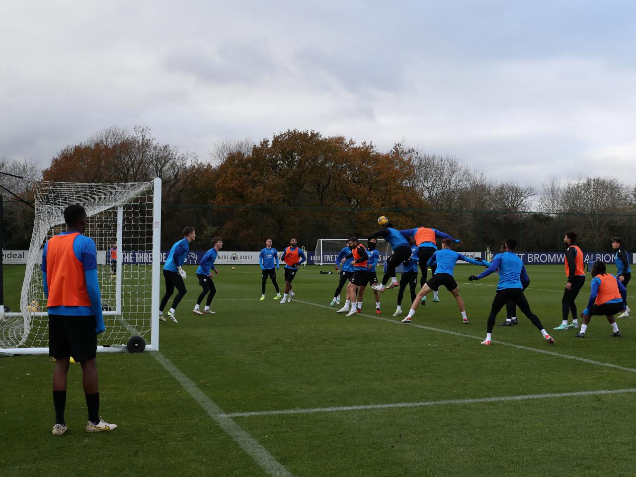Albion players attacking and defending a corner in training 