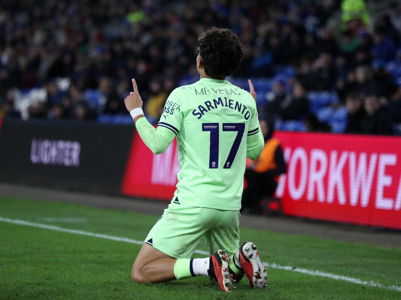 Jeremy Sarmiento celebrates scoring against Cardiff 