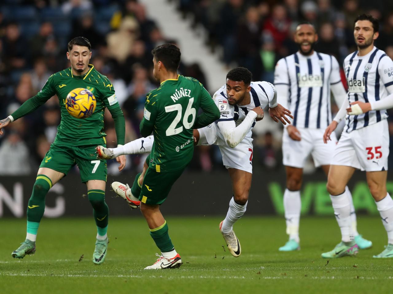 Darnell Furlong fighting for the ball against Norwich City