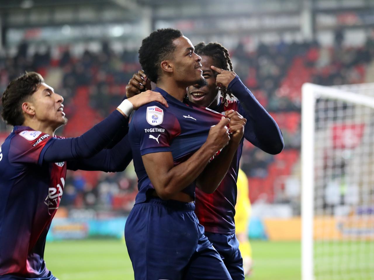 Grady Diangana celebrates scoring against Rotherham with his team-mates