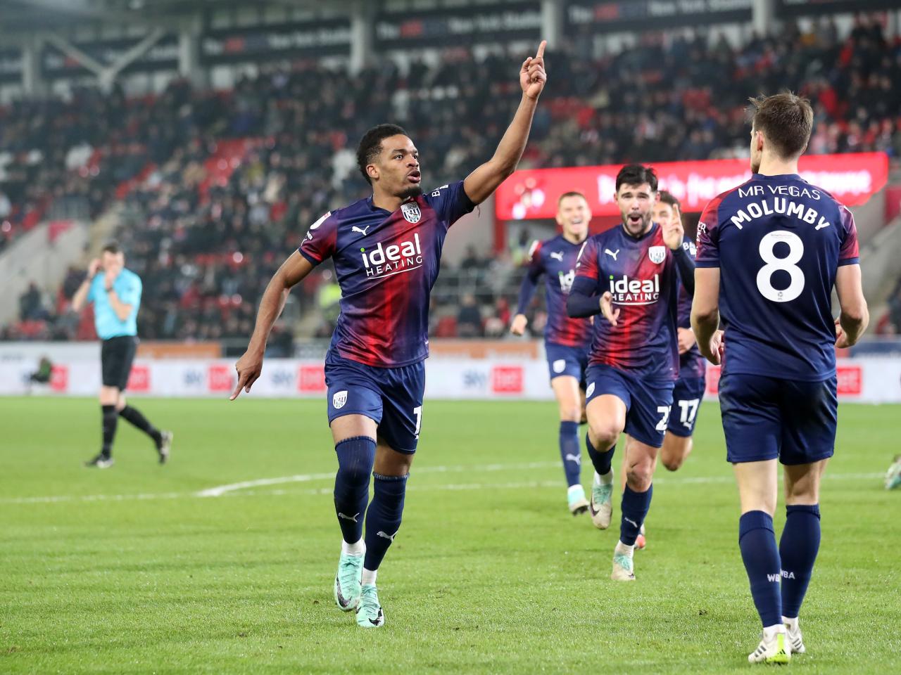 Grady Diangana celebrates scoring against Rotherham with his team-mates