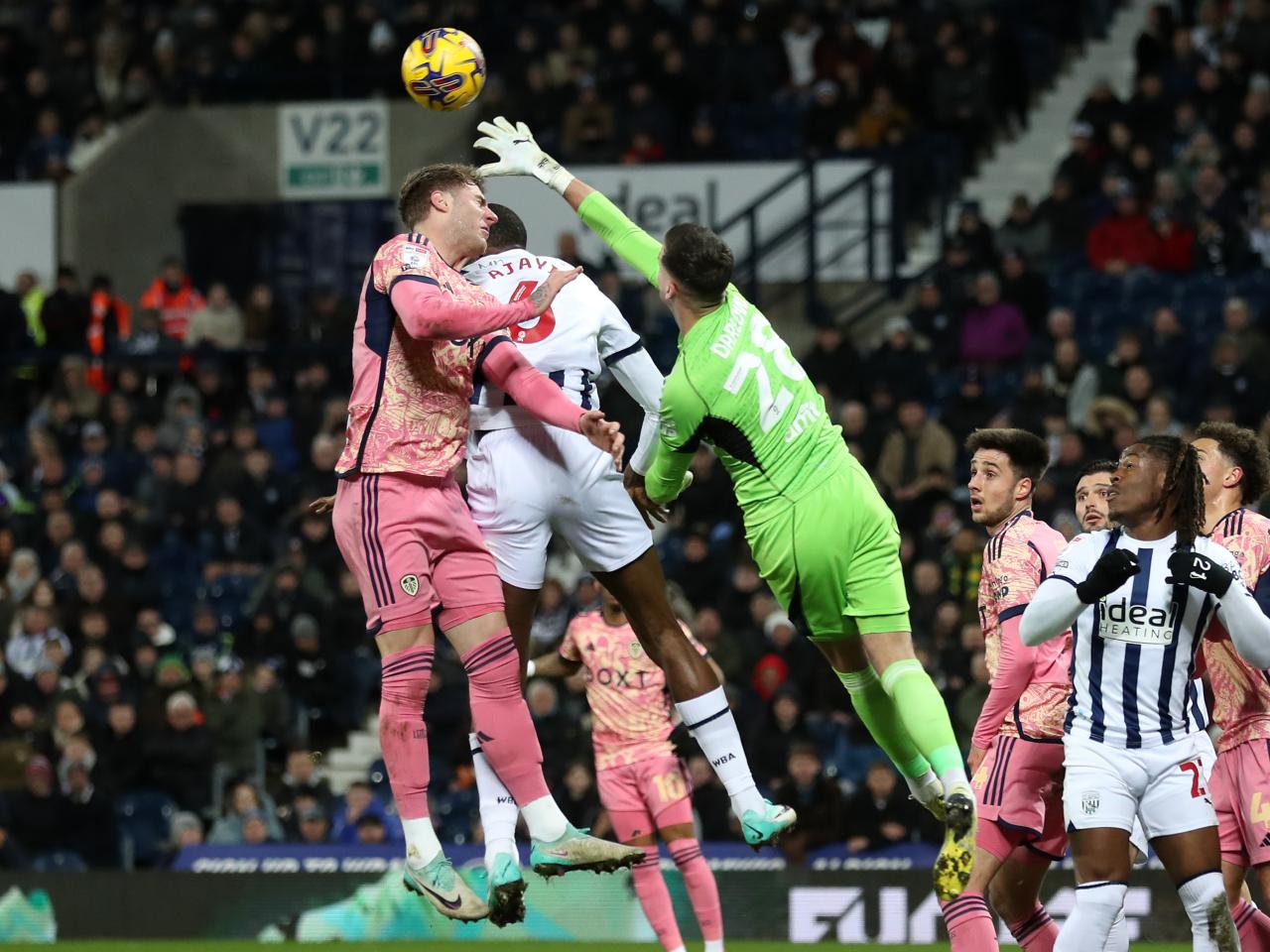 Semi Ajayi challenges for the ball against Leeds