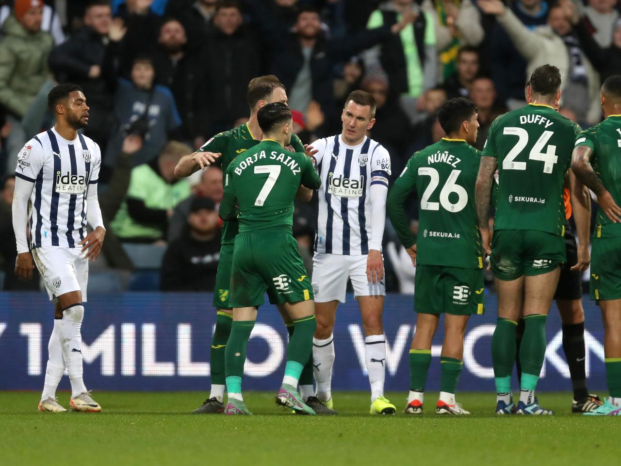 Borja Sainz is sent off against Albion for Norwich 
