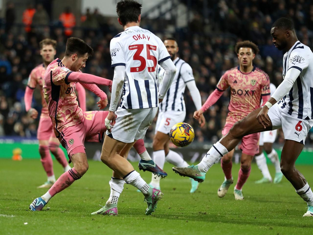 A goal-mouth scramble against Leeds