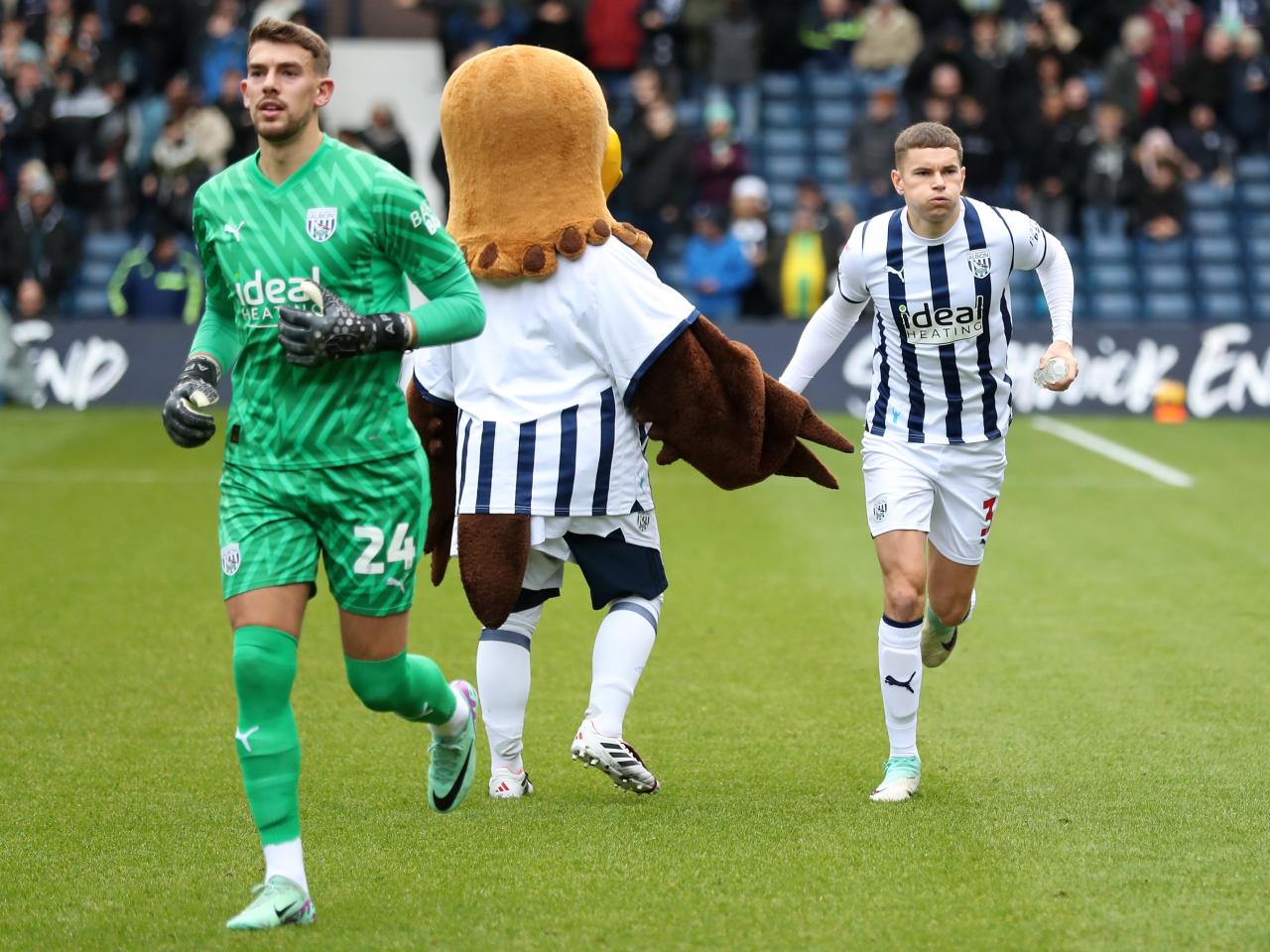 Alex Palmer, Baggie Bird and Conor Townsend on the pitch at The Hawthorns ahead of kick-off against Stoke