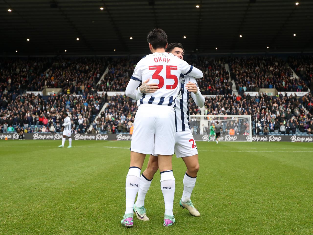 Okay Yokuslu and Alex Mowatt on the pitch at The Hawthorns ahead of kick-off against Stoke