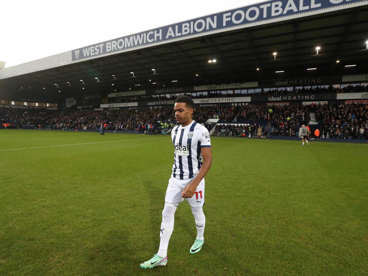 Grady Diangana on the pitch with the Halfords Lane Stand behind him