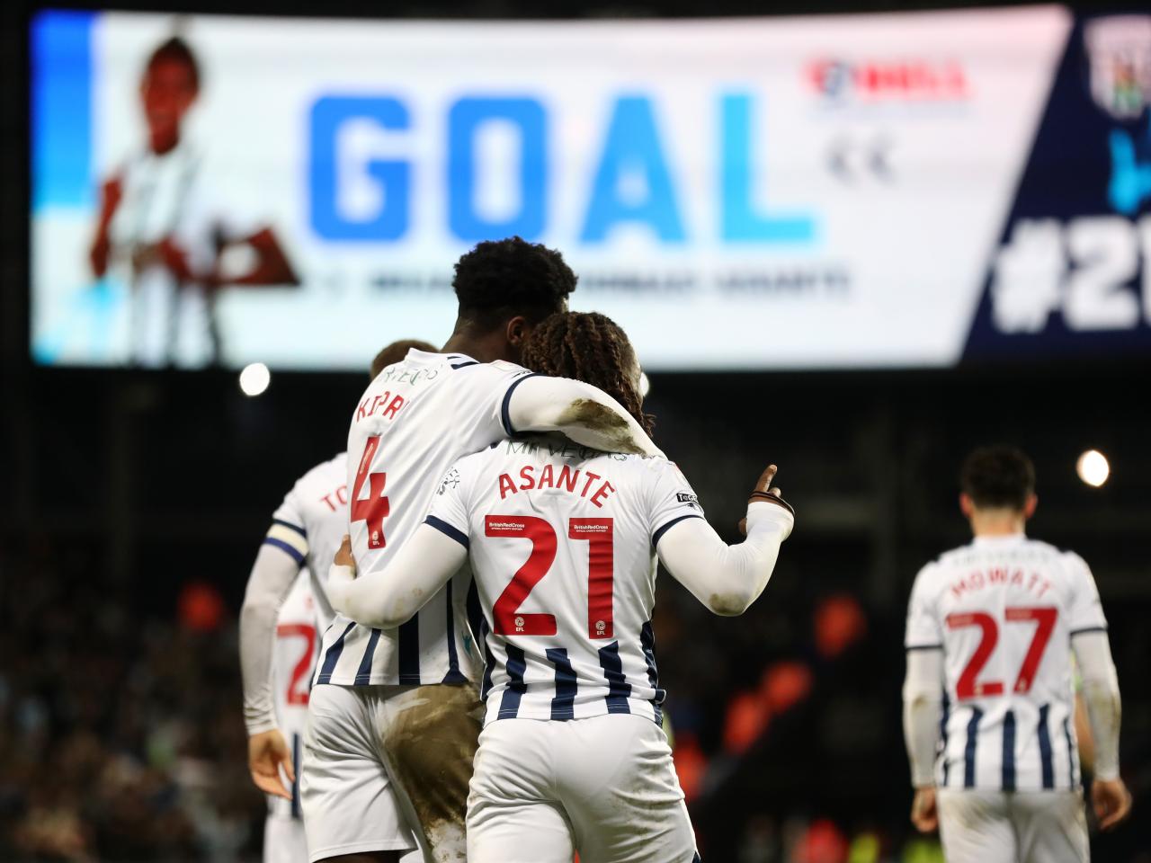 Brandon Thomas-Asante celebrates scoring his second against Blackburn with Cedric Kipre