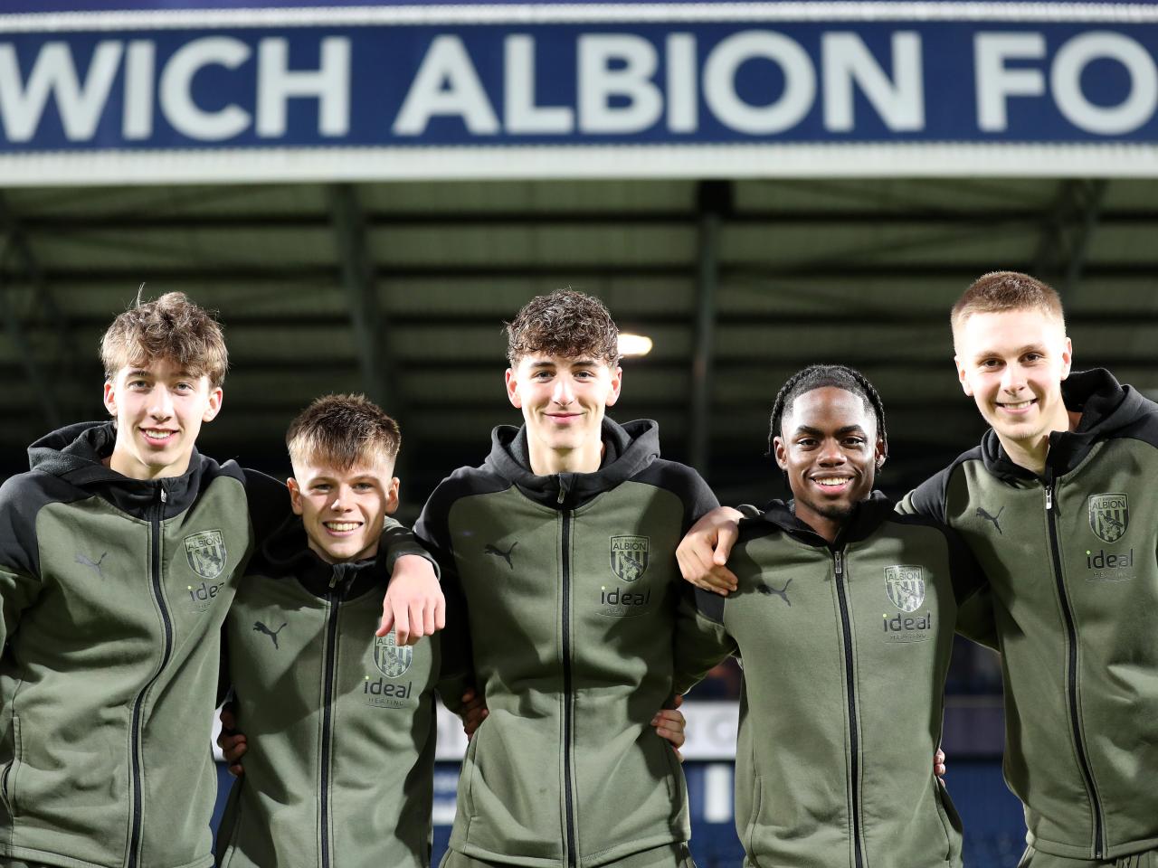 Albion academy graduates Harry Whitwell, Fenton Heard, Josh Shaw, Akeel Higgins and Layton Love pose for a photo having made their senior Albion debuts against Aldershot 