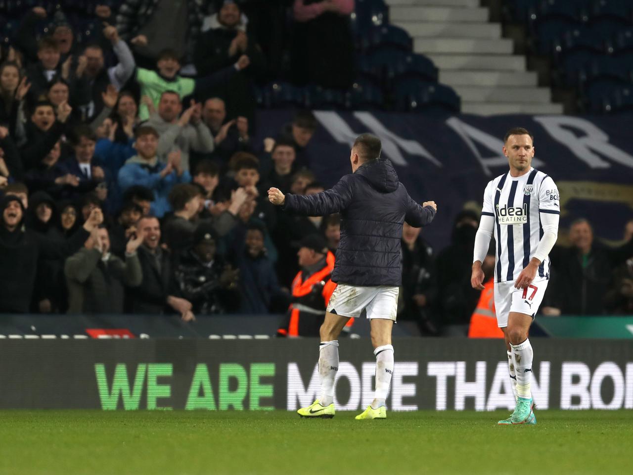 Jed Wallace celebrates the win over Blues with Albion fans