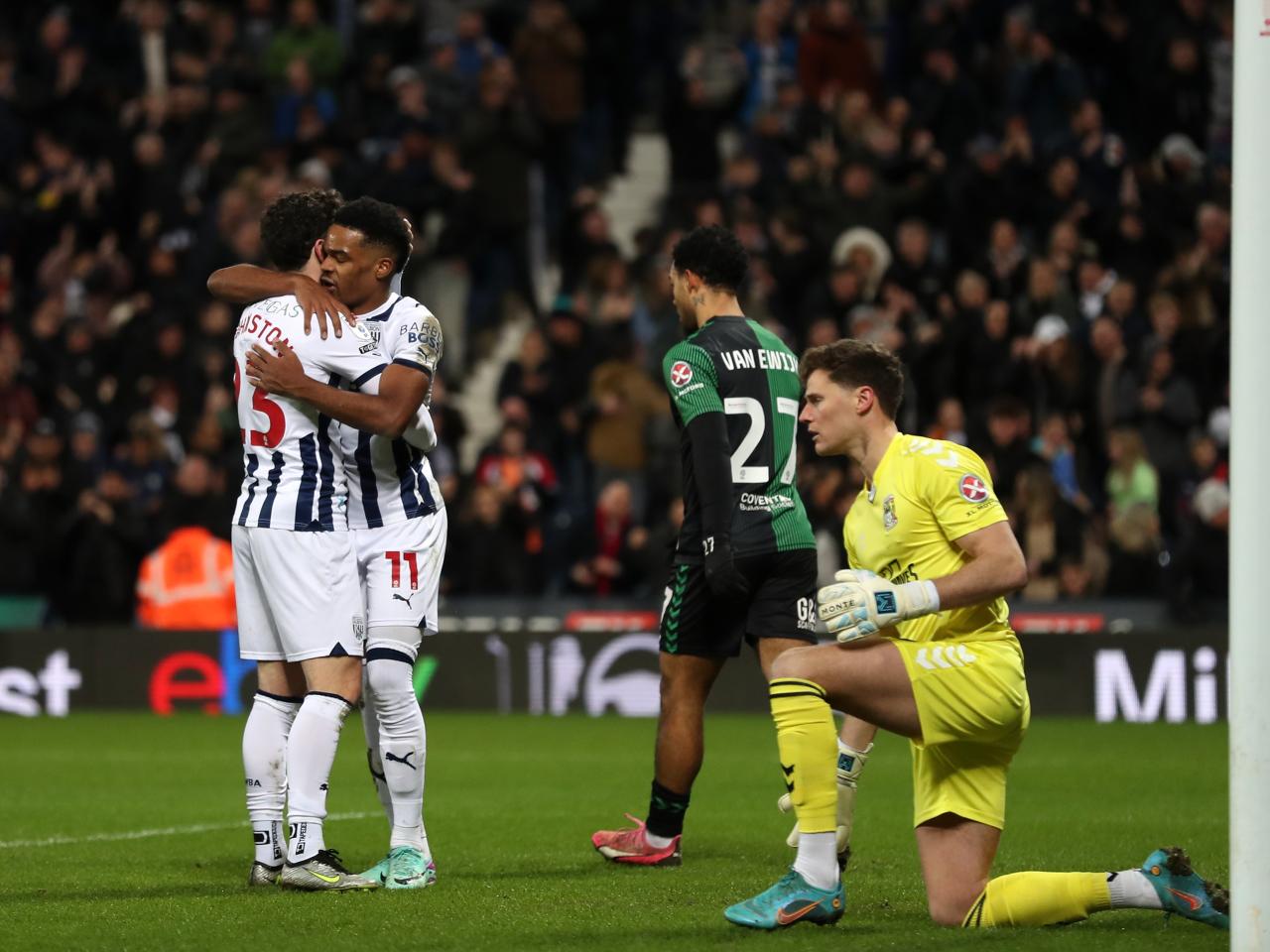 Grady Diangana celebrates his goal against Coventry with Mikey Johnston 