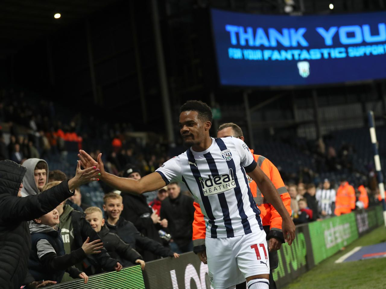 Grady Diangana greeting fans after beating Rotherham 