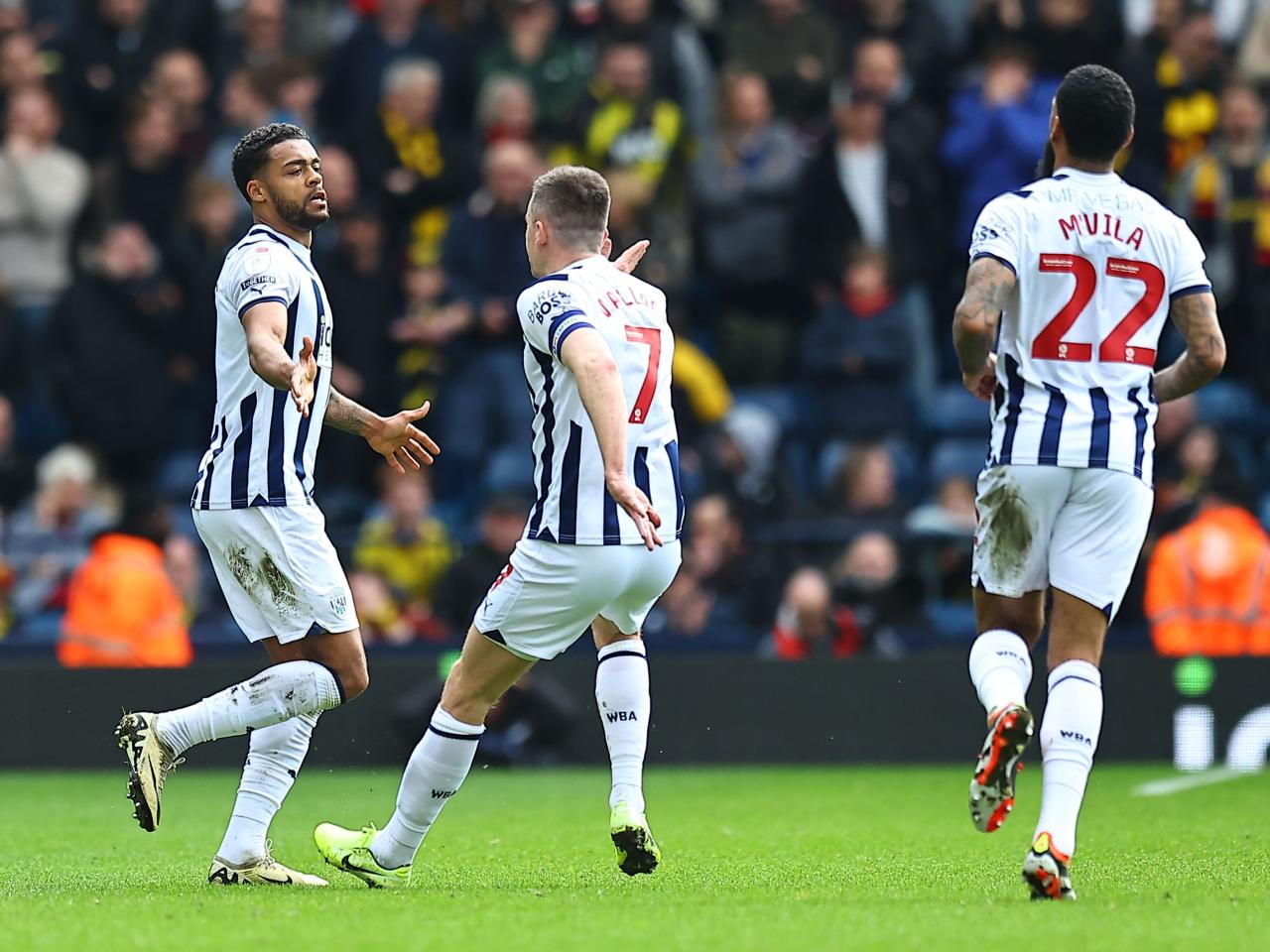 Darnell Furlong celebrates his goal against Watford at The Hawthorns with Jed Wallace